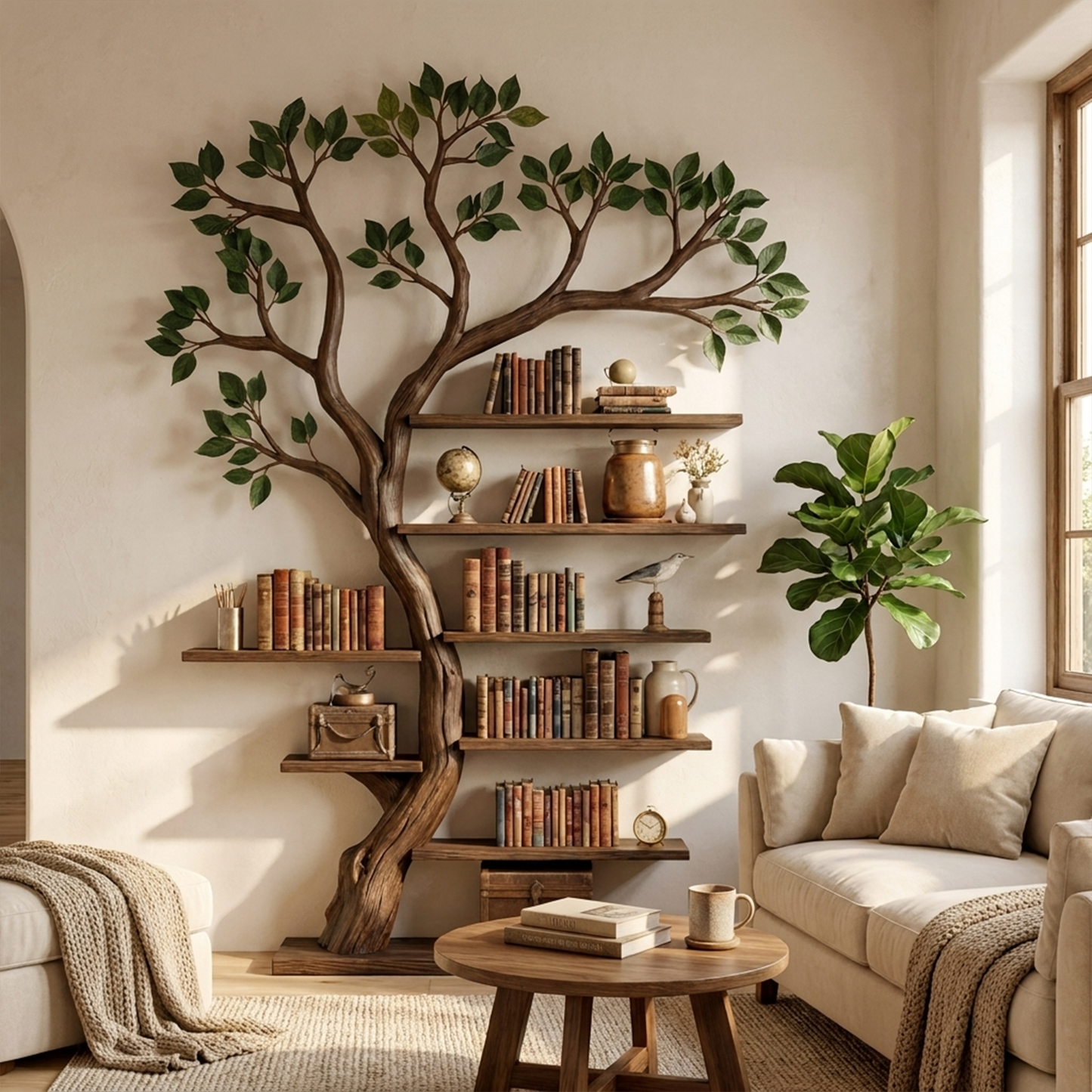 Rustic Tree Bookshelf Living Room Office Artistic Wall Display