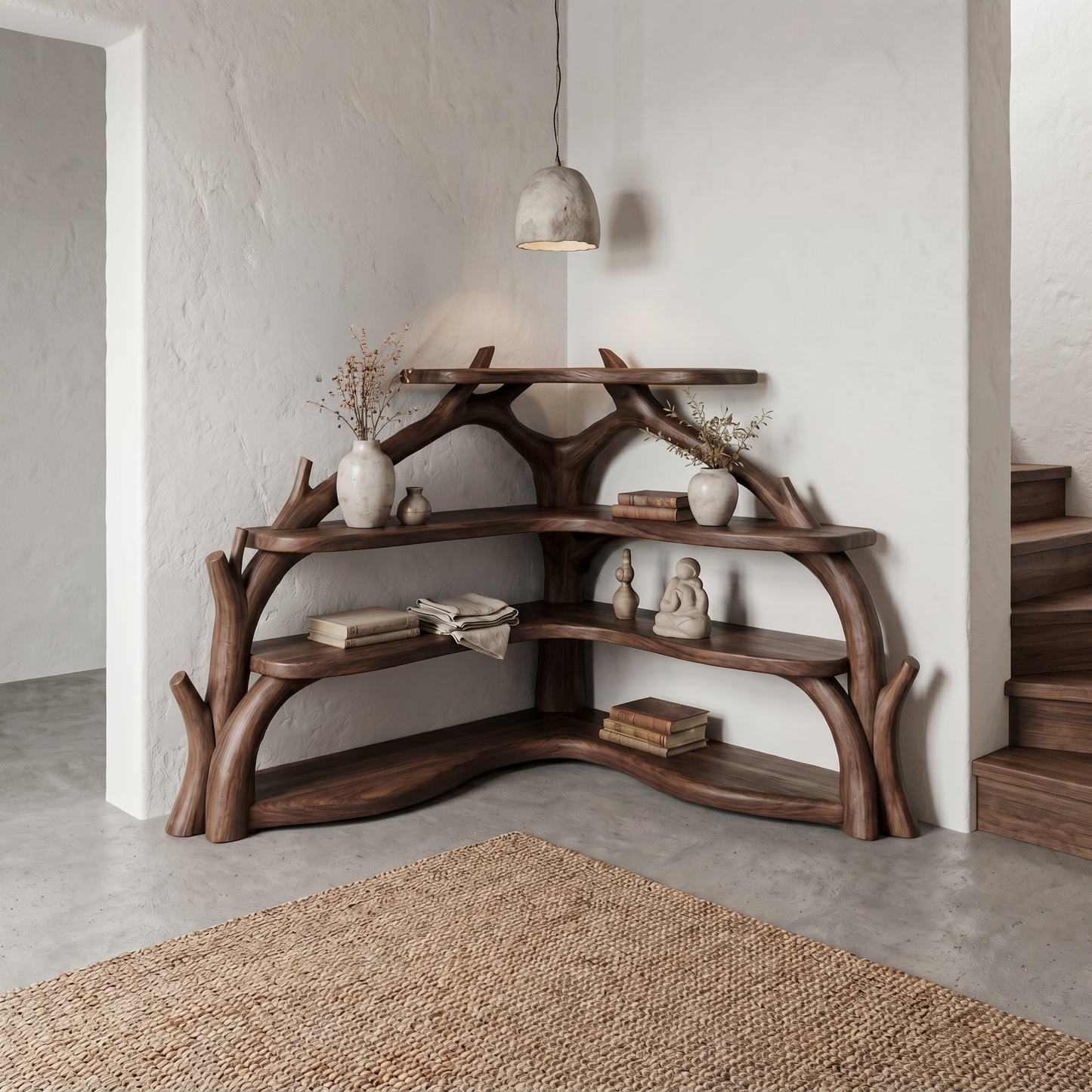 Sculptural Corner Bookcase With Natural Branch Design For Living Room