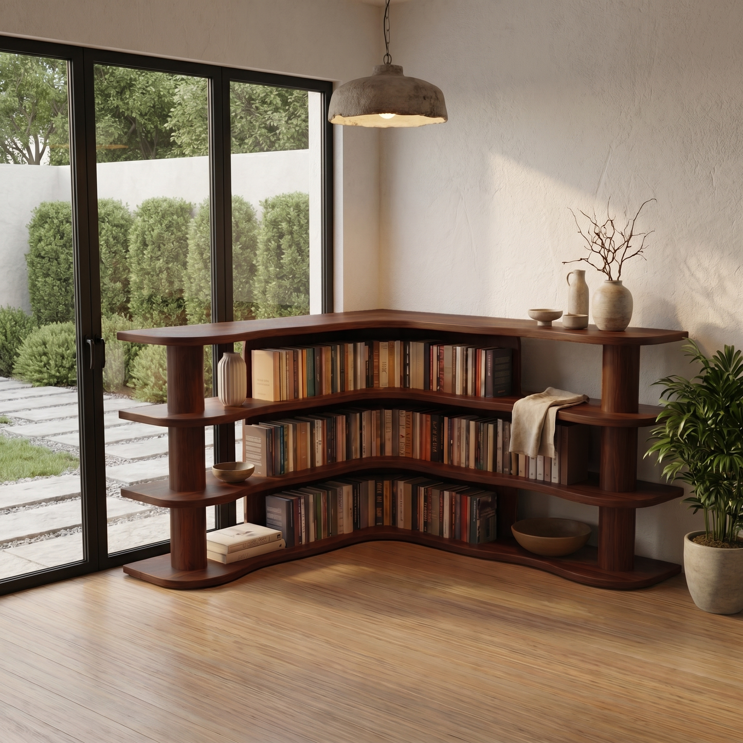 Scandinavian Corner Bookshelf With Rounded Multi Tier Wooden Shelves For Living Room And Bedroom
