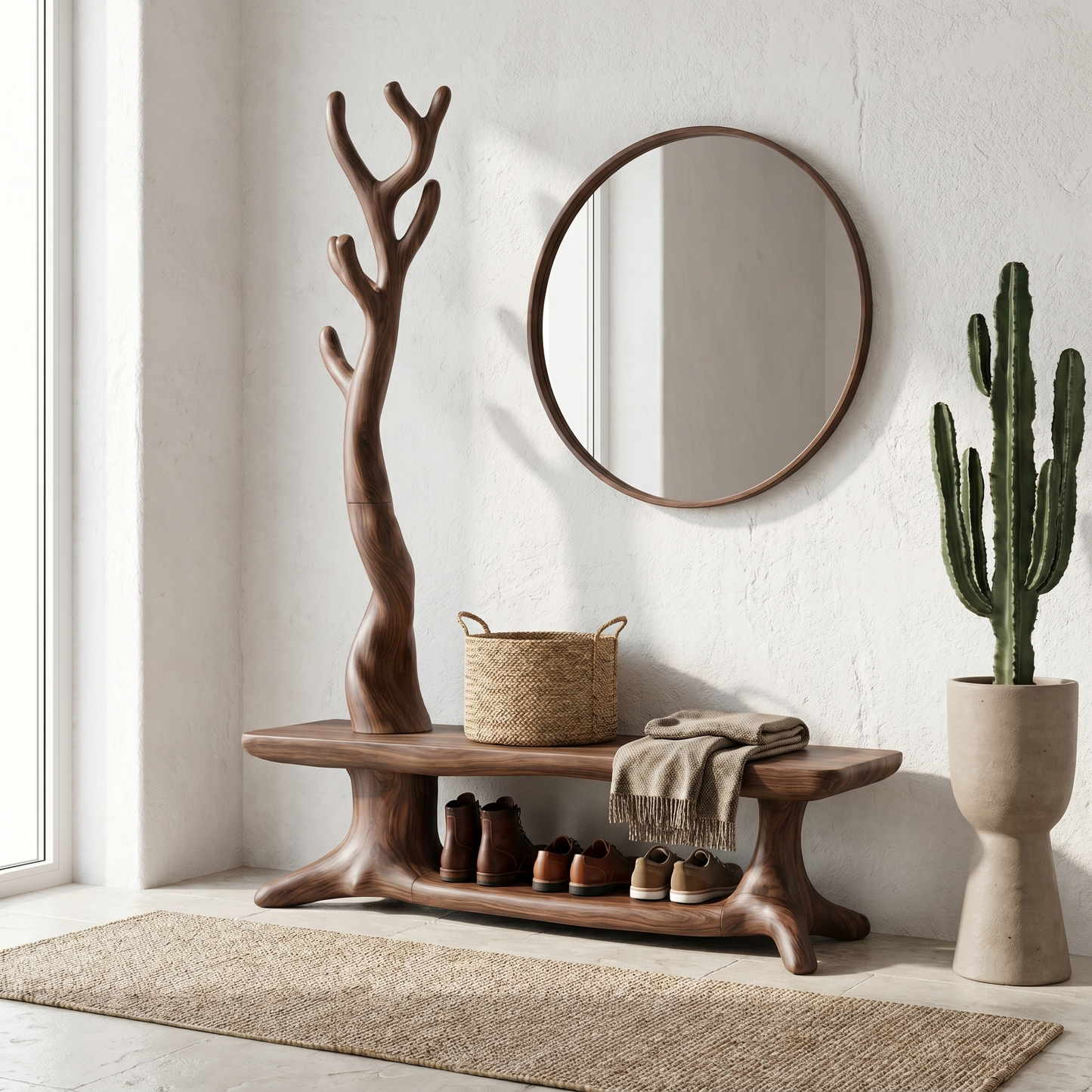 Rustic Shoe Storage Bench With Branch Coat Rack For Entryway