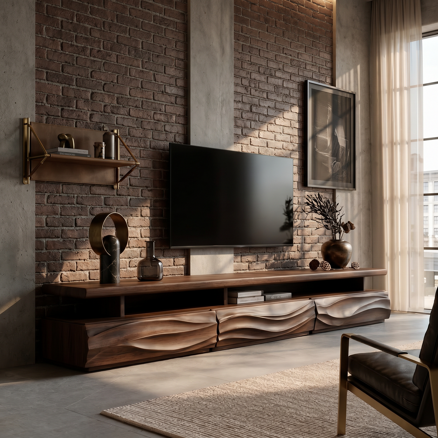 Rustic TV Cabinet With Open Storage Shelf And Wave Front Drawers For Living Room