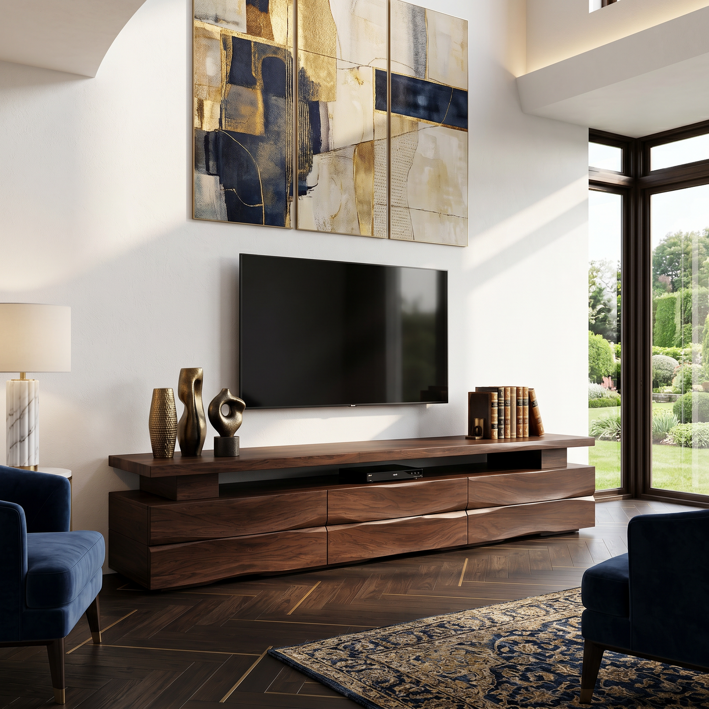 Rustic TV Cabinet With Wave Front Drawers And Open Storage Shelf For Living Room