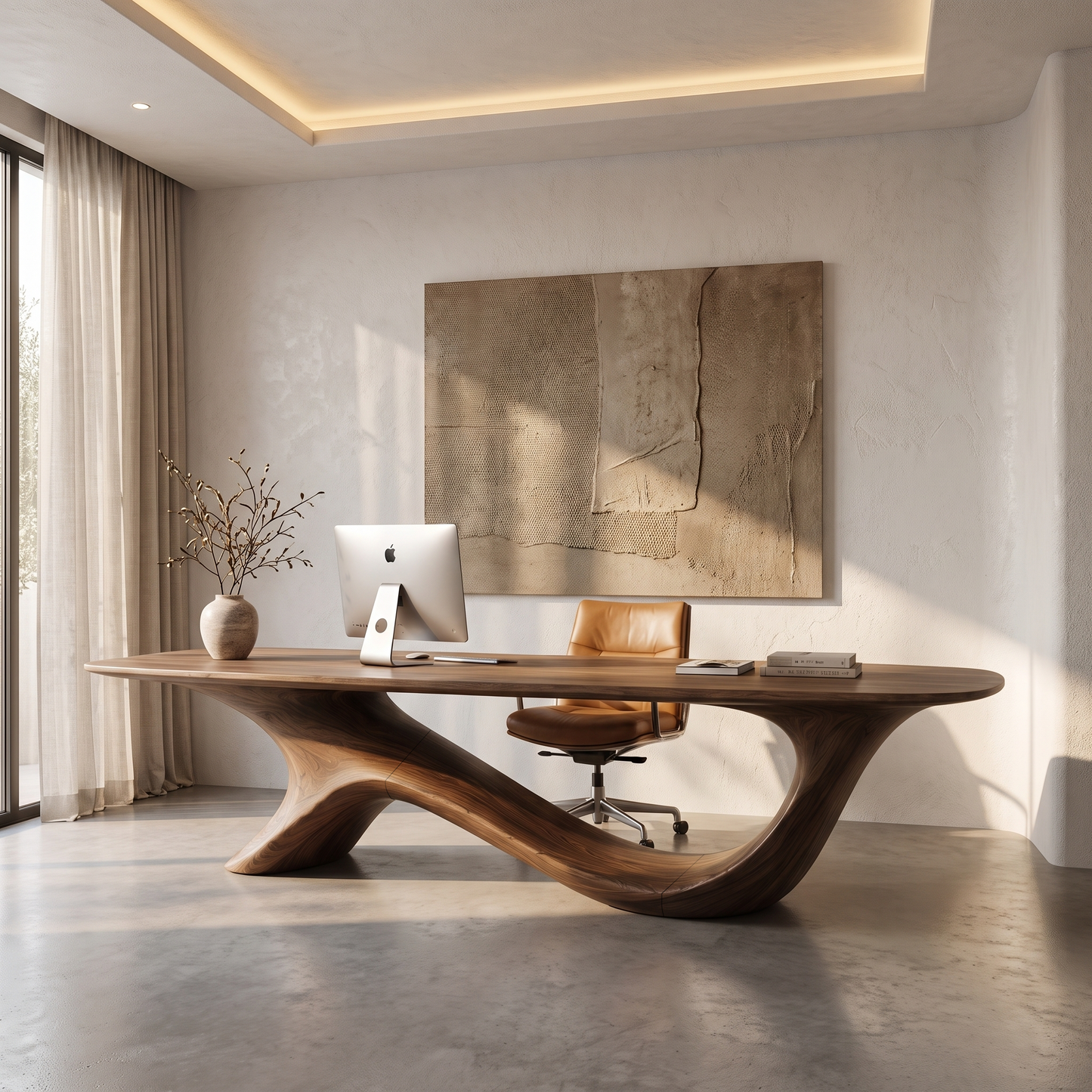 Modern Sculptural Base Desk Solid Wood Desk For Workspace