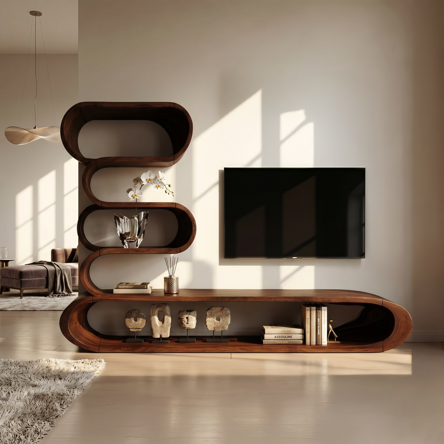 Organic TV Cabinet With Integrated Display Shelves And Rounded Storage Design For Living Room