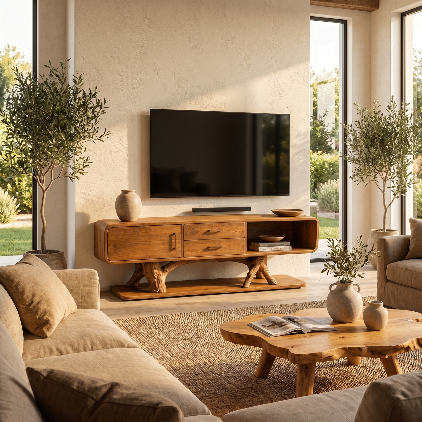 Modern Organic TV Cabinet With Built In Drawer Storage For Living Room