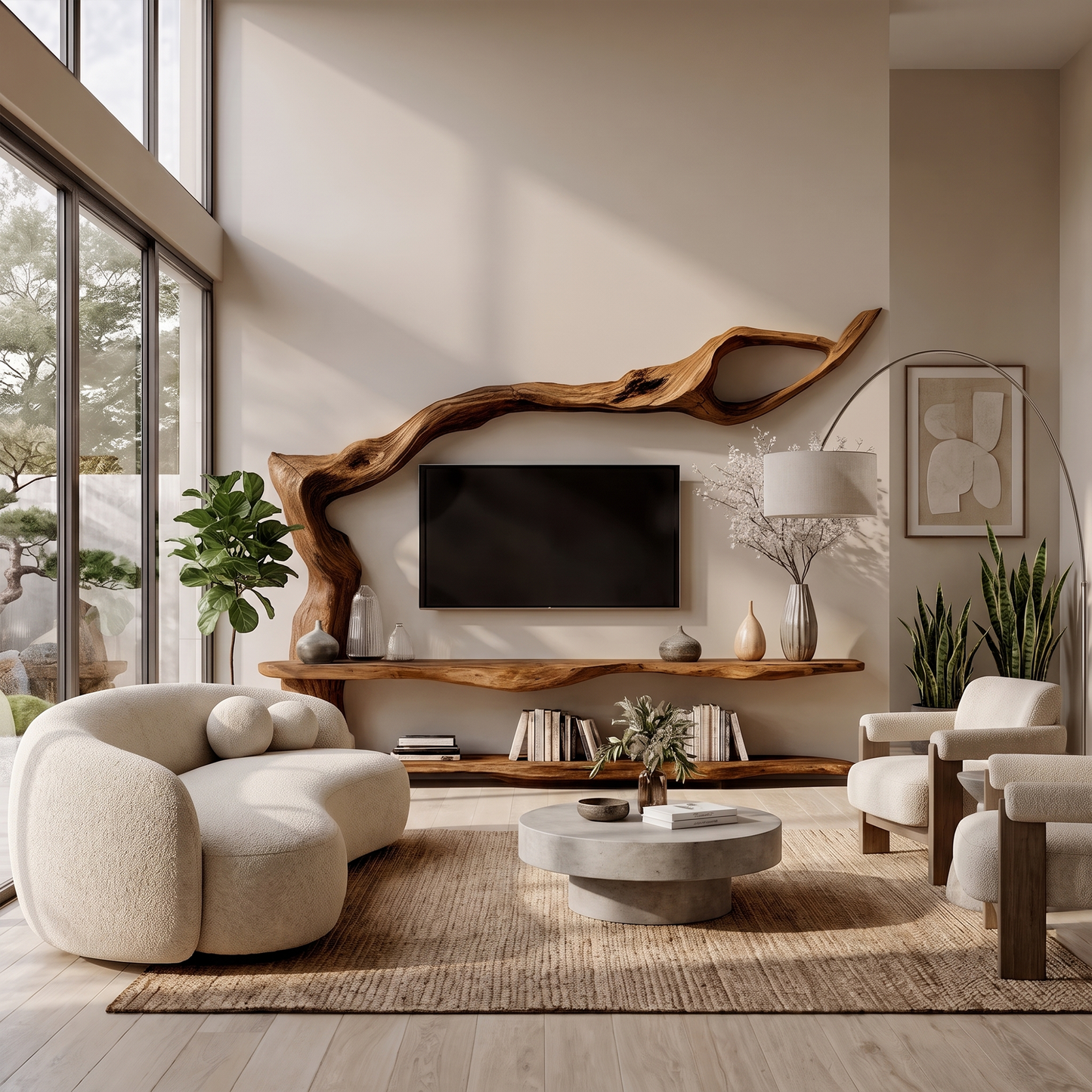 Organic Wall Mounted TV Stand With Sculptural Wood Design For Living Room