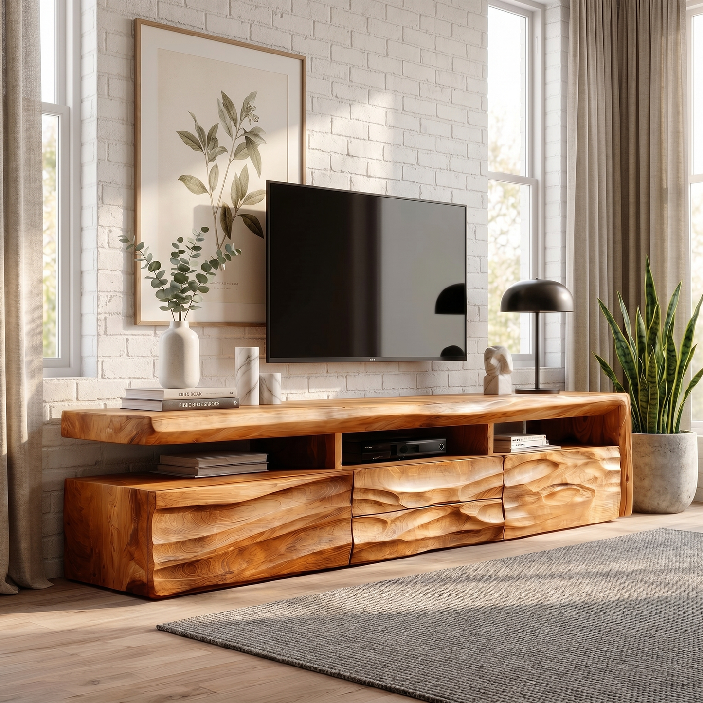 Organic TV Cabinet With Hand Carved Solid Wood Front And Open Media Storage For Living Room