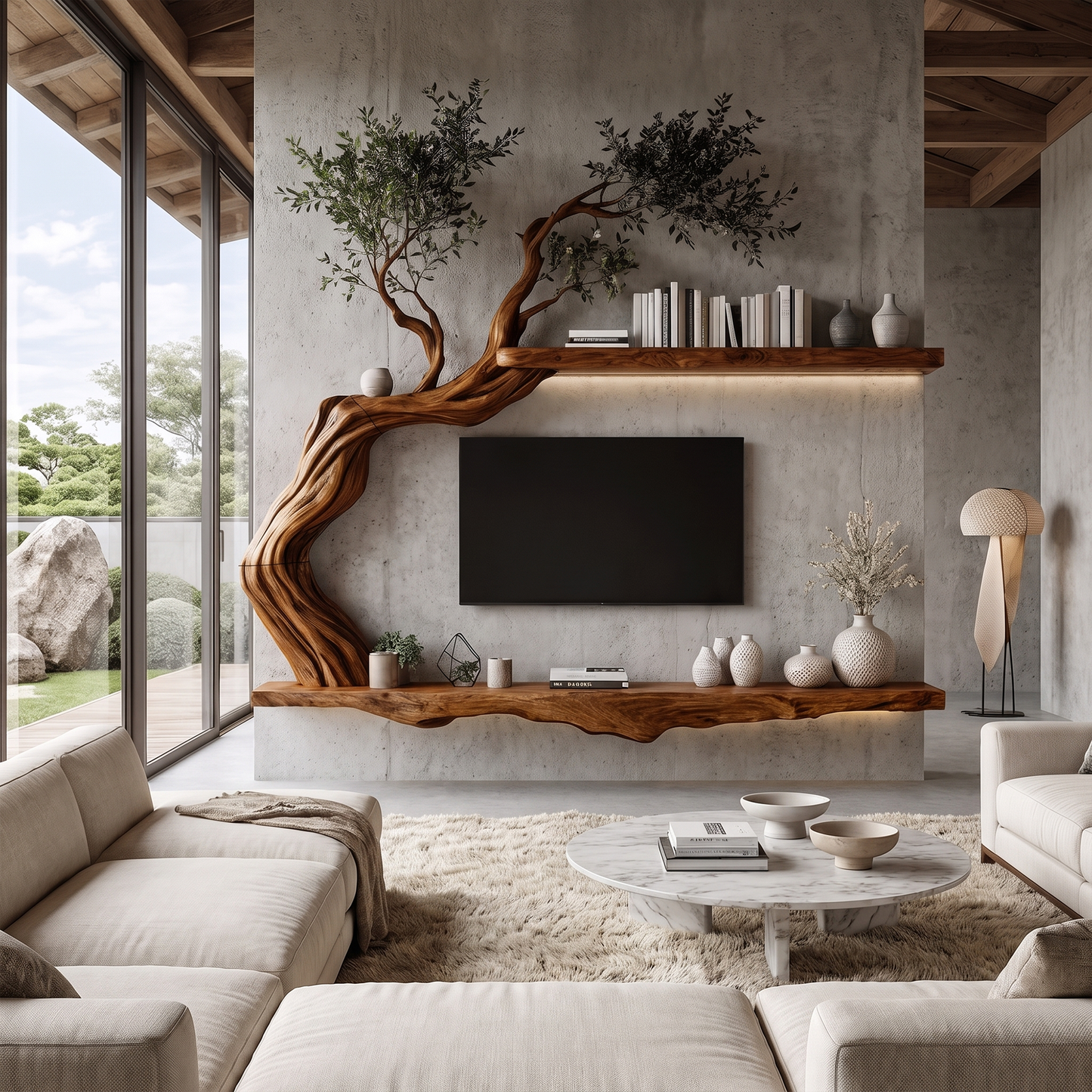 Organic Wall Mounted TV Stand With Sculptural Wood Design For Living Room