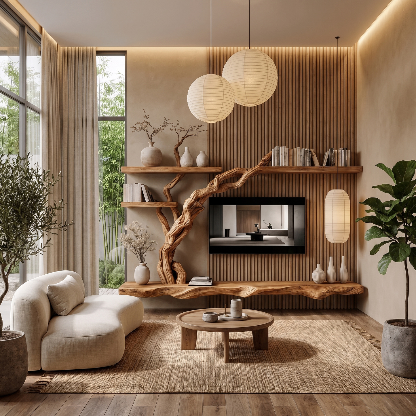 Rustic Wall Mounted TV Stand With Natural Wood Design For Living Room