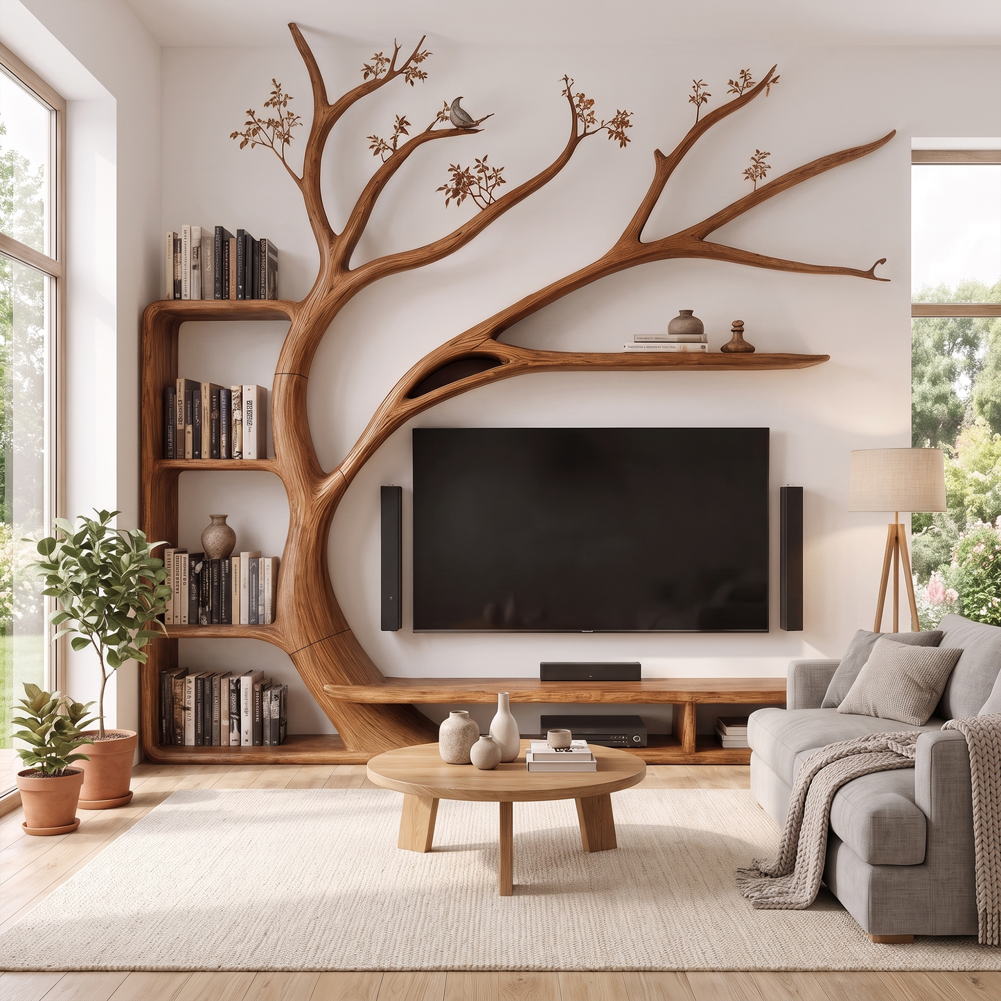 Handcrafted TV Cabinet With Artistic Tree Bookcase For Living Room