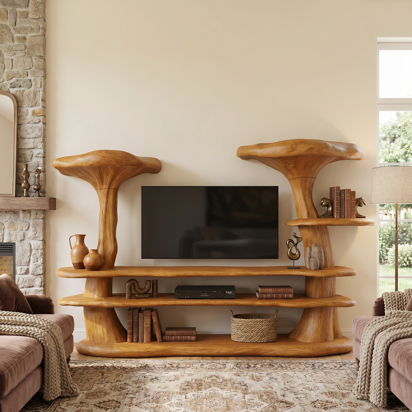 Organic Mushroom TV Stand With Sculptural Solid Wood Design For Living Room