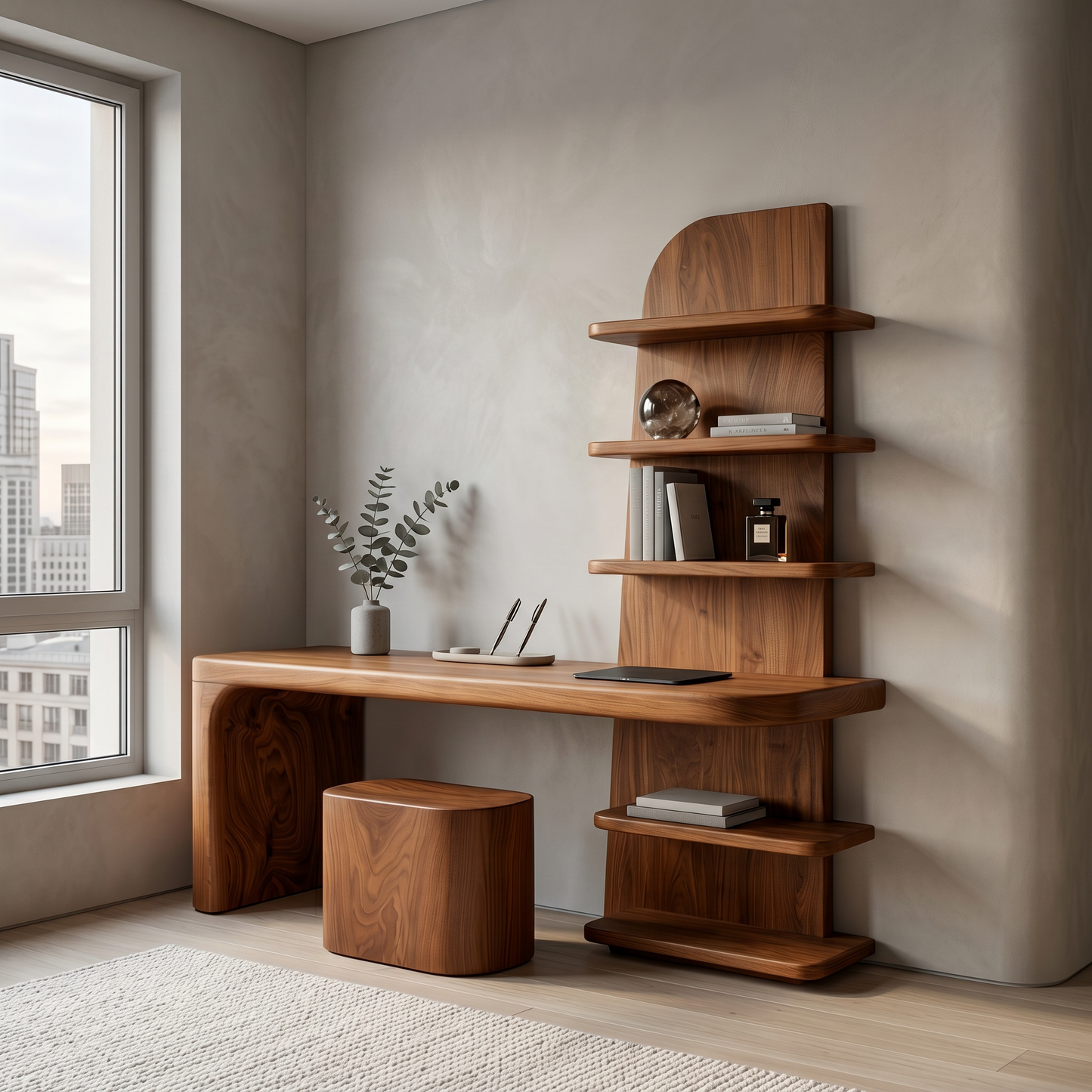 Minimal Desk With Built In Bookcase And Drawers For Study Room