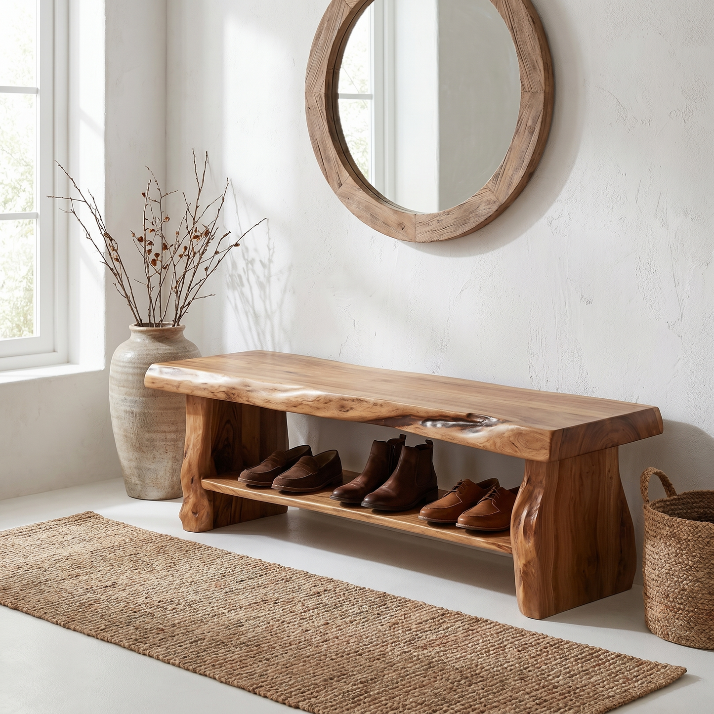 Rustic Shoe Bench Natural Wood Storage For Entryway