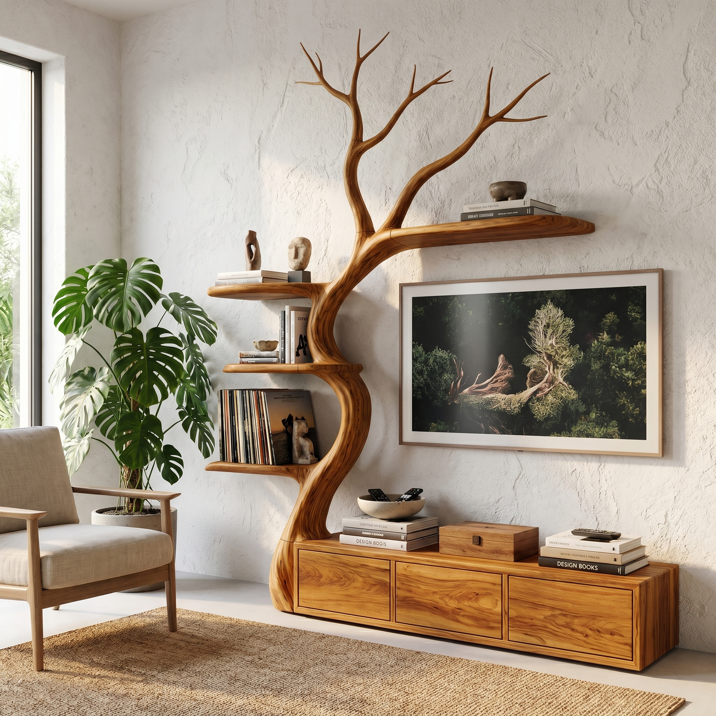 Rustic Tree Branch TV Cabinet With Integrated Display Shelves For Living Room