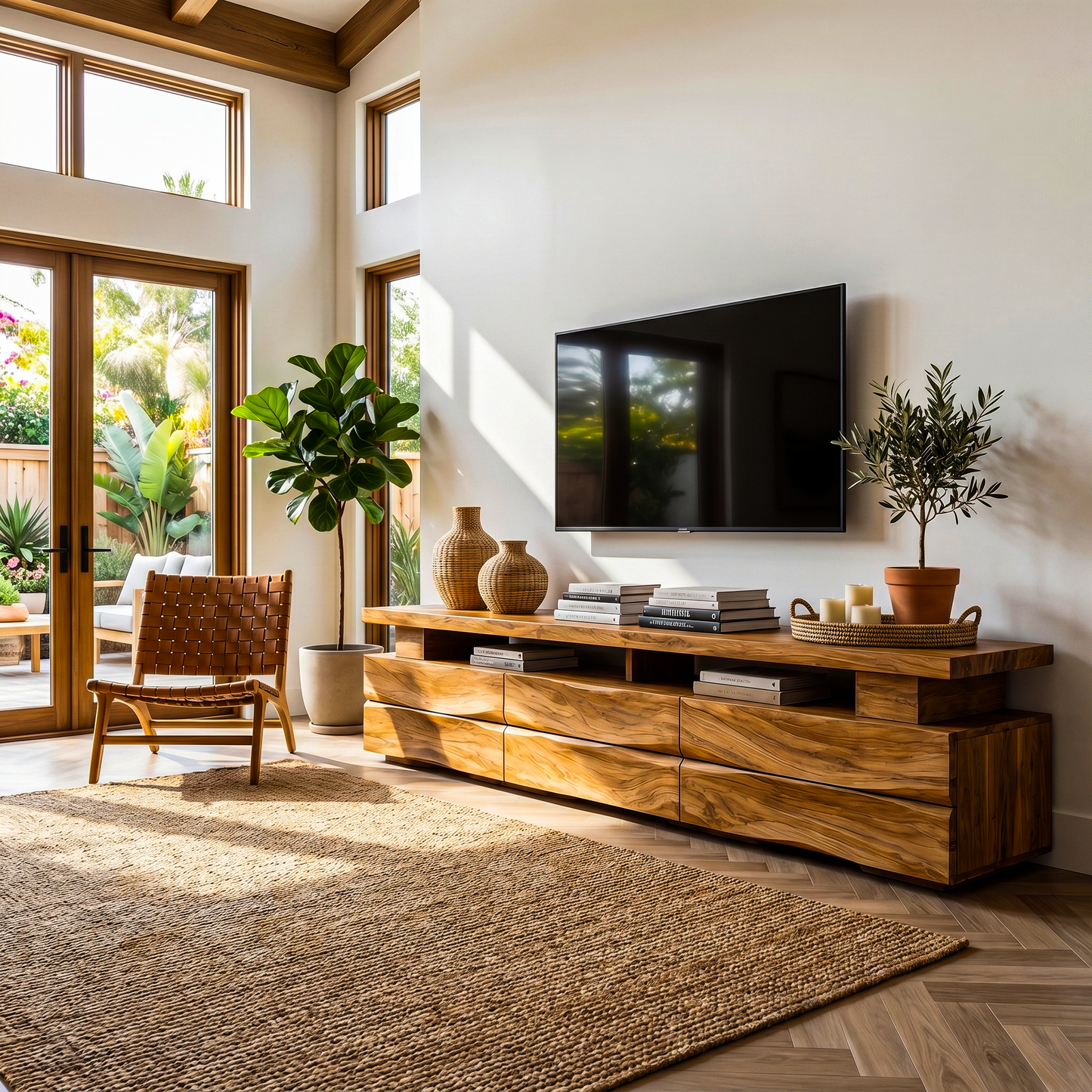 Rustic TV Cabinet With Wave Front Drawers And Open Storage Shelf For Living Room