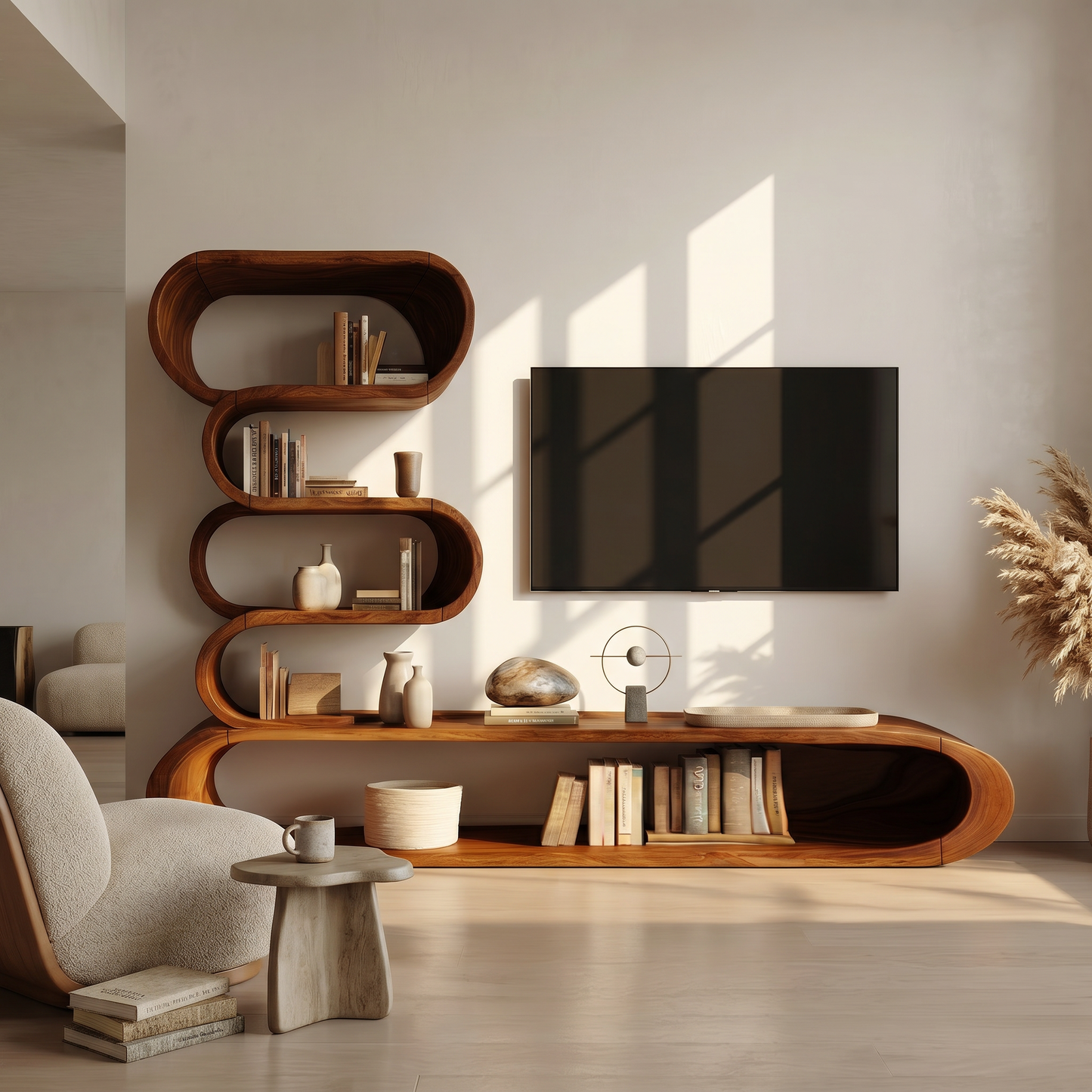 Organic TV Cabinet With Integrated Display Shelves And Rounded Storage Design For Living Room