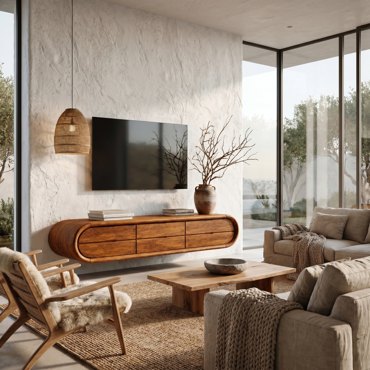 Organic Floating TV Cabinet With Sculptural Curved Wood Frame For Living Room
