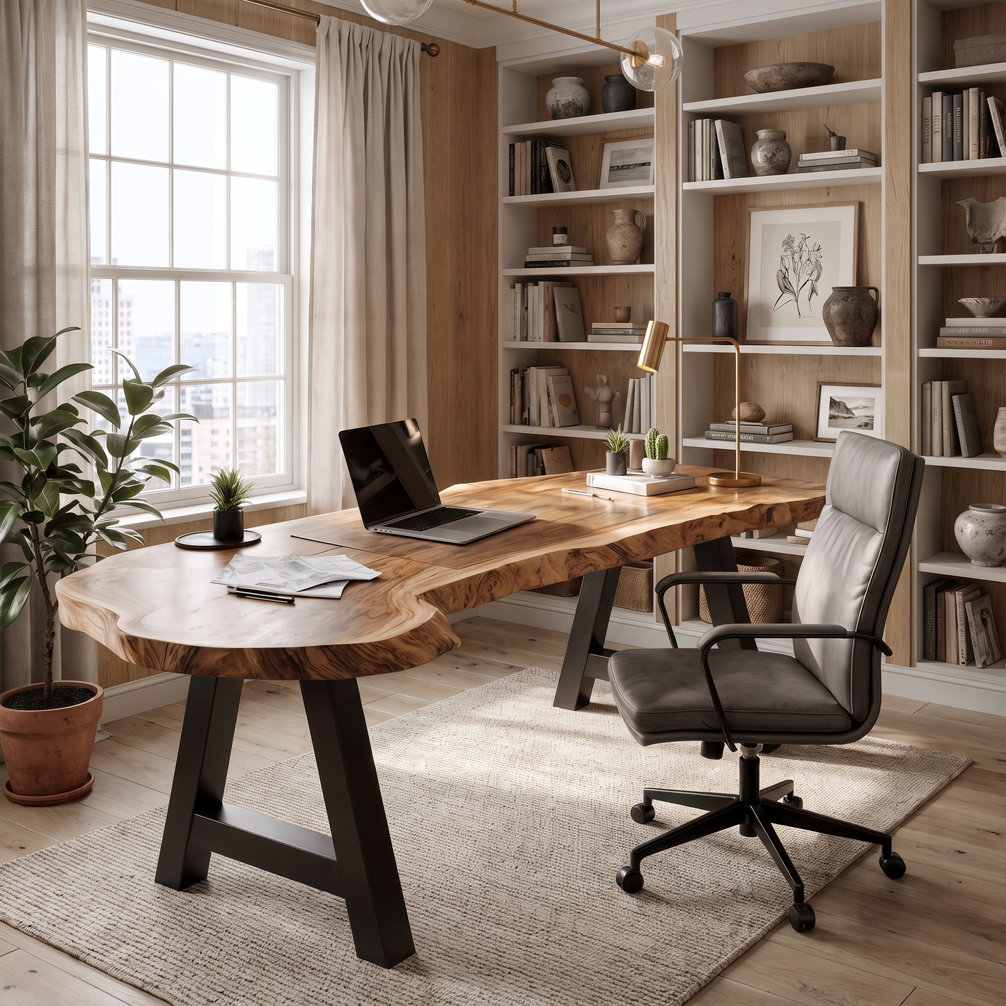 Rustic Writing Desk With Live Edge Wood Top And Metal Legs For Home Office