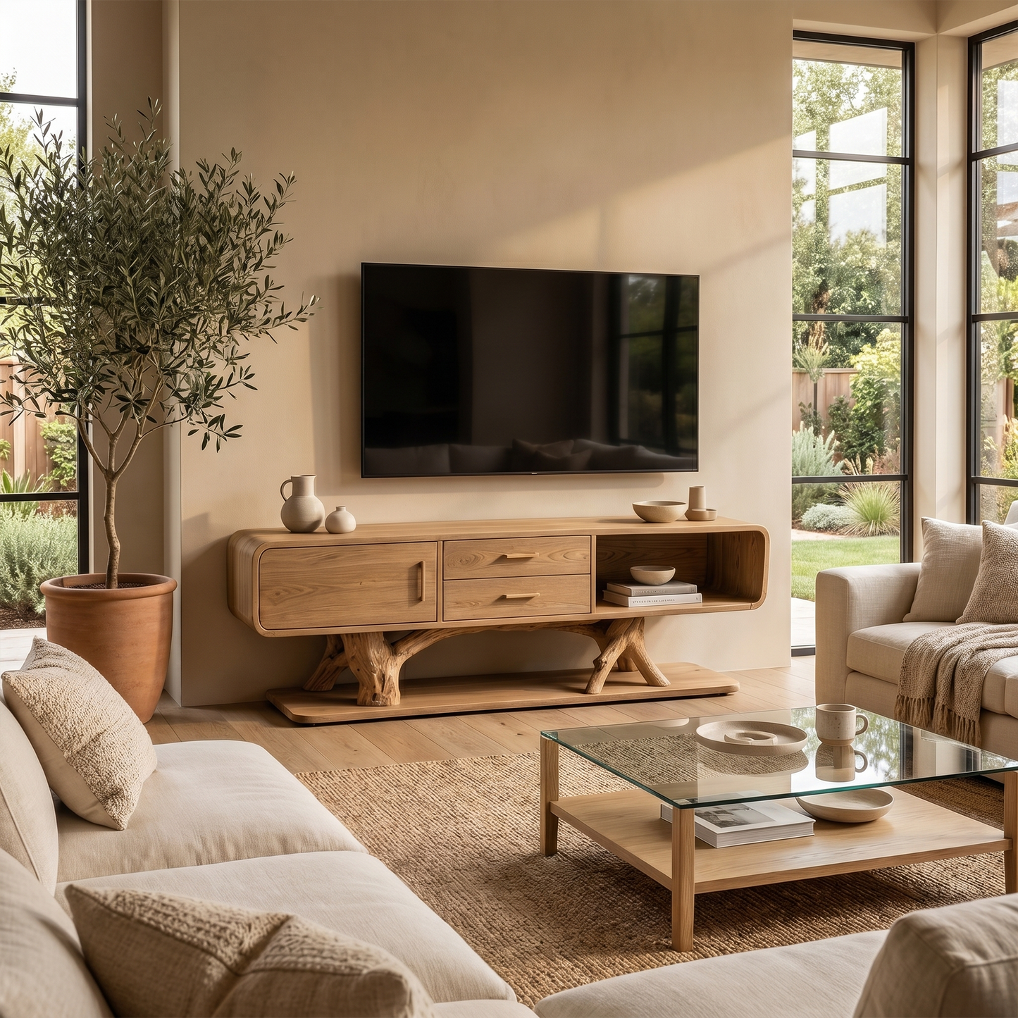 Modern Organic TV Cabinet With Built In Drawer Storage For Living Room