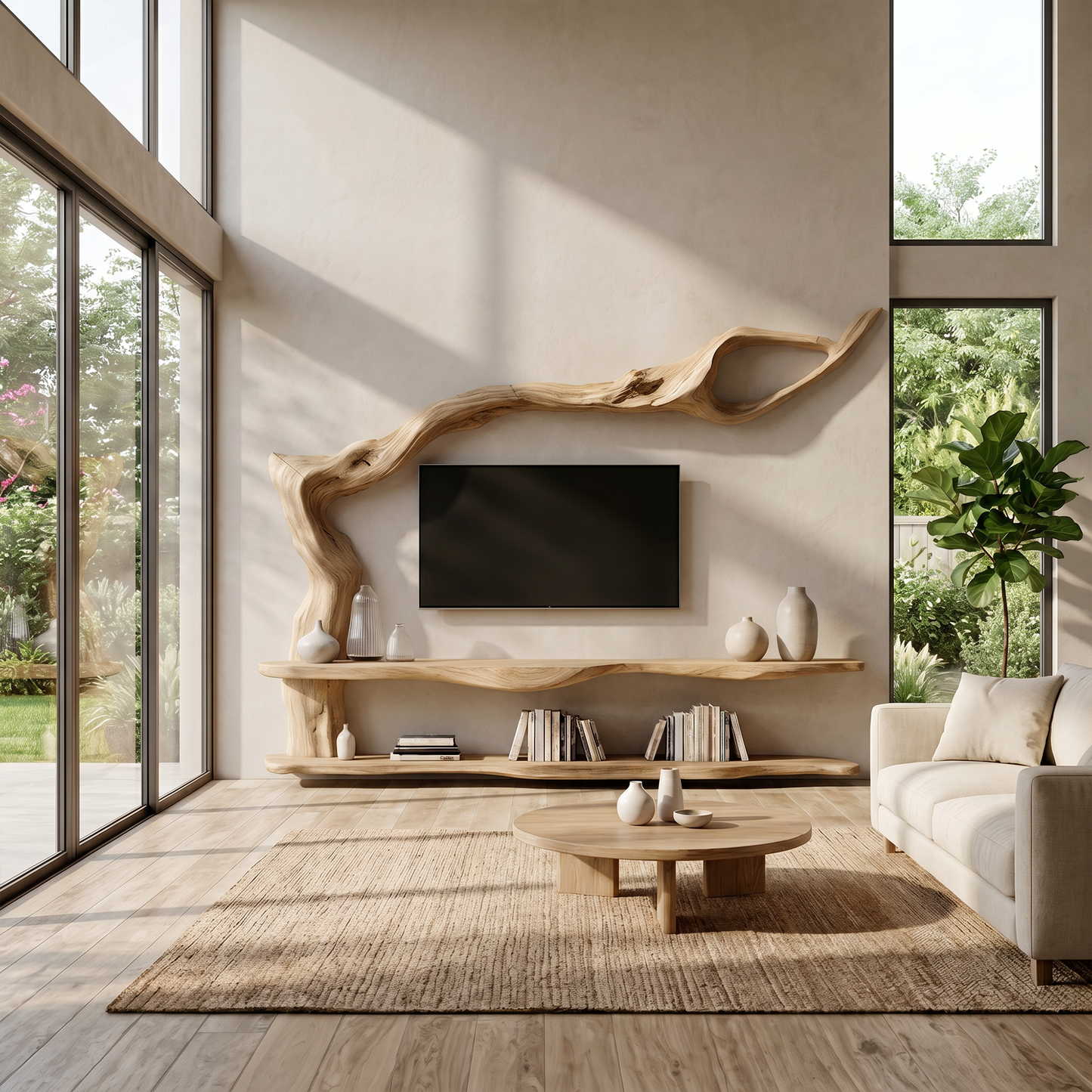 Organic Wall Mounted TV Stand With Sculptural Wood Design For Living Room