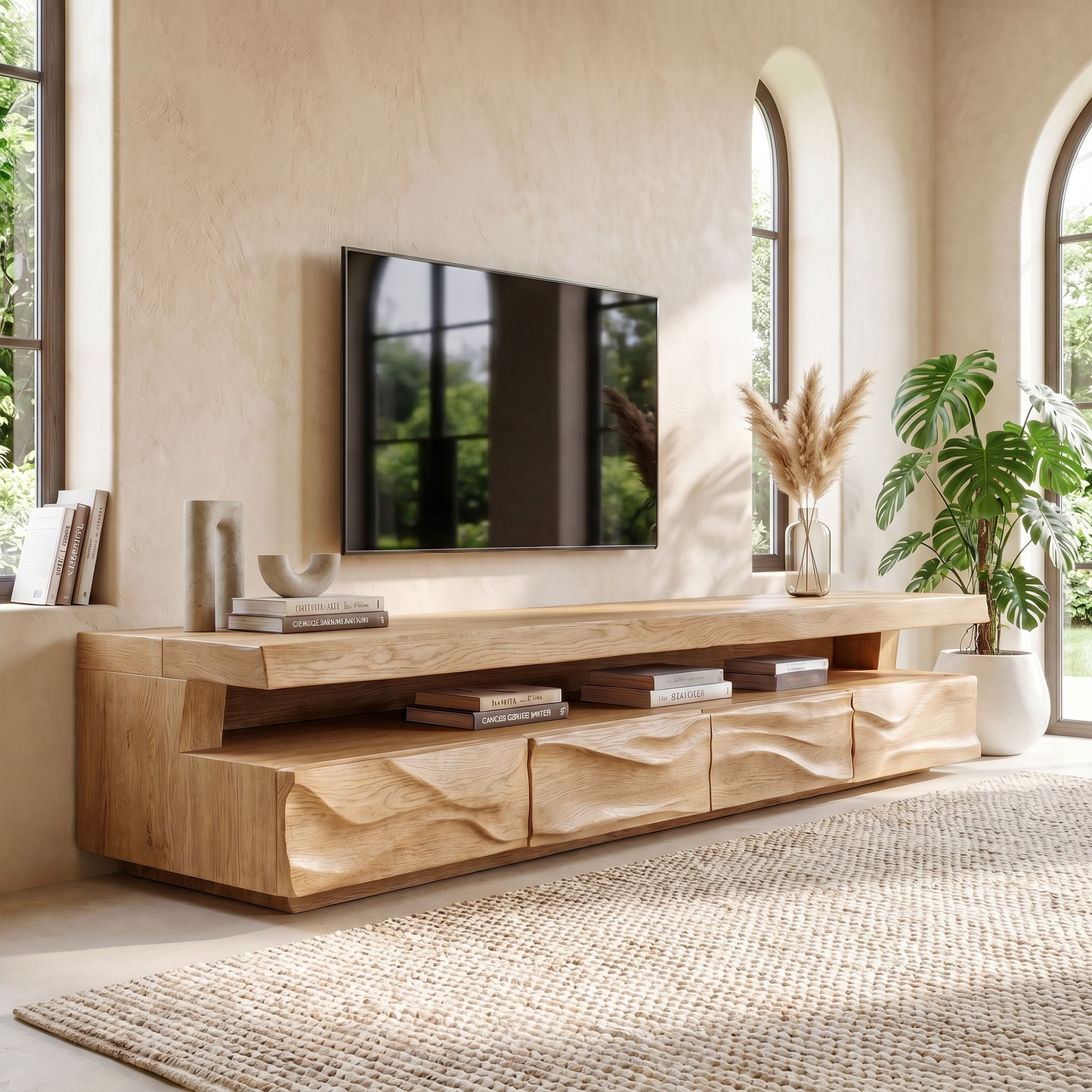 Modern TV Stand With Hand Carved Solid Wood Front And Media Storage For Living Room