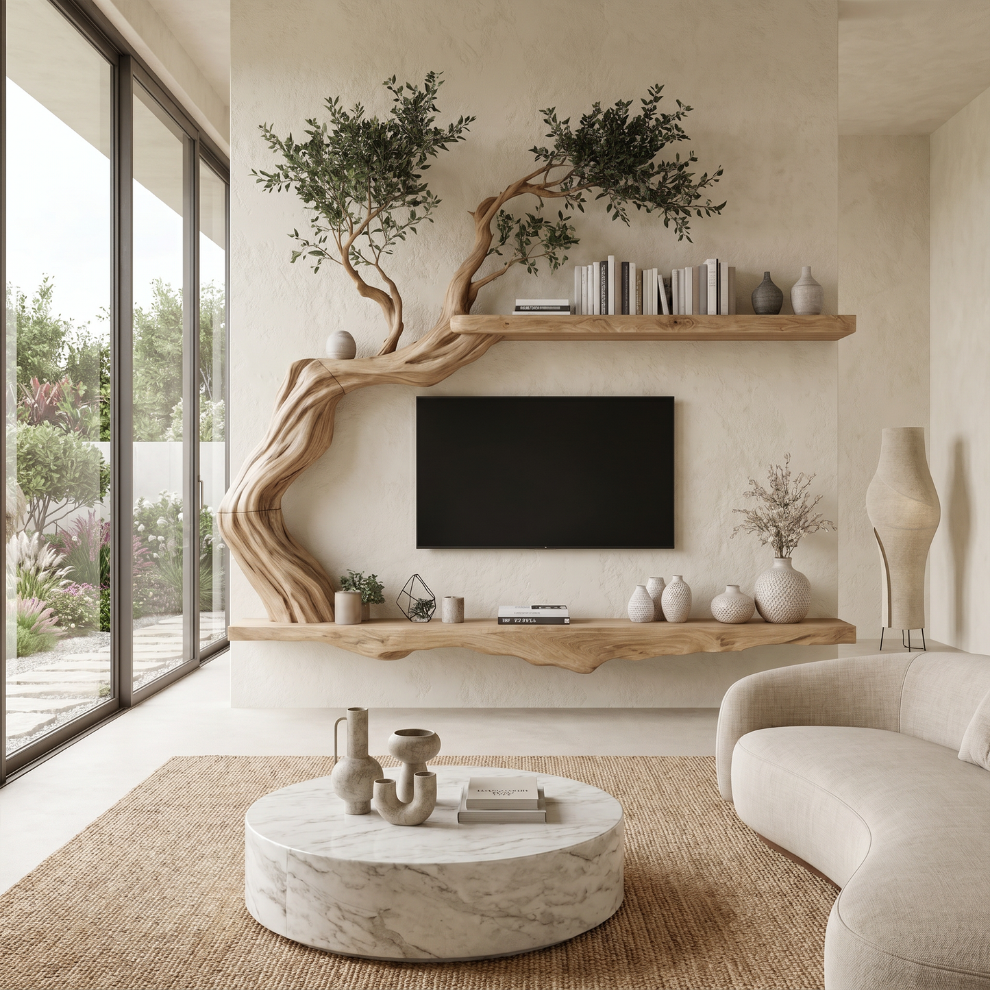 Organic Wall Mounted TV Stand With Sculptural Wood Design For Living Room