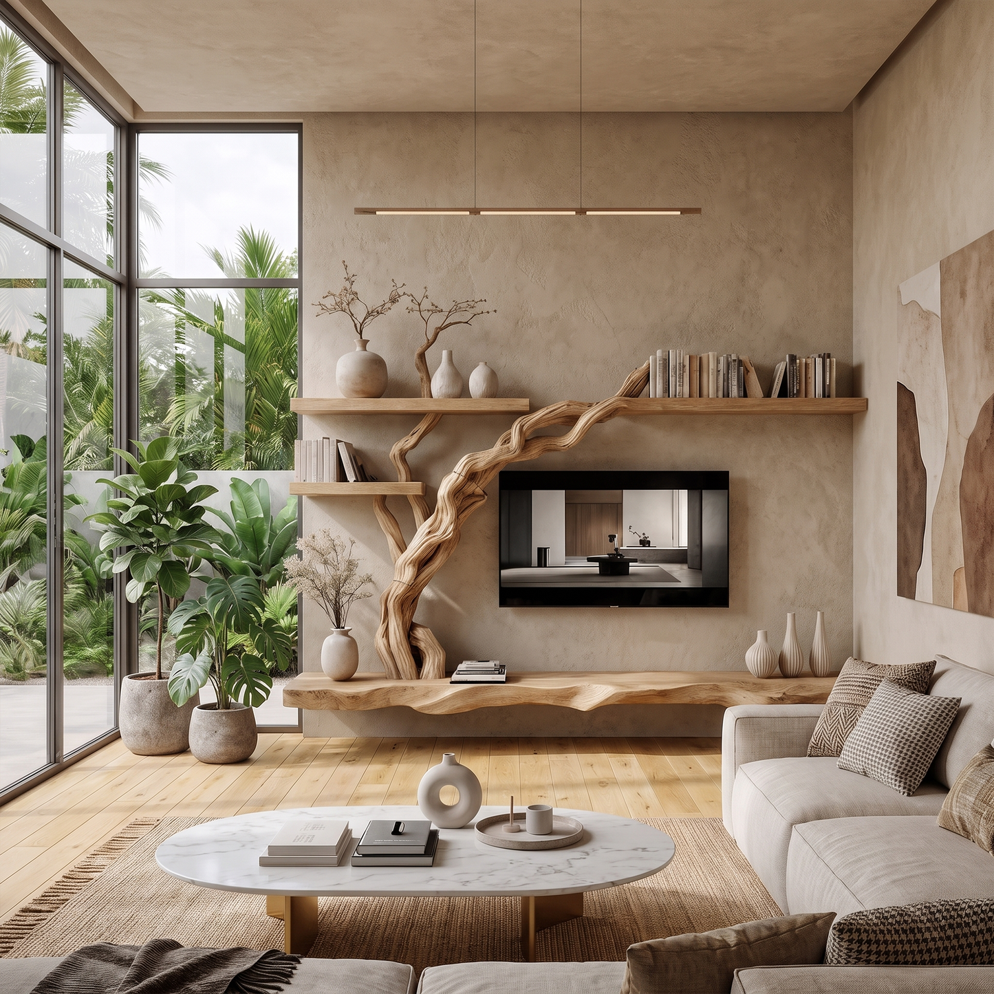 Rustic Wall Mounted TV Stand With Natural Wood Design For Living Room