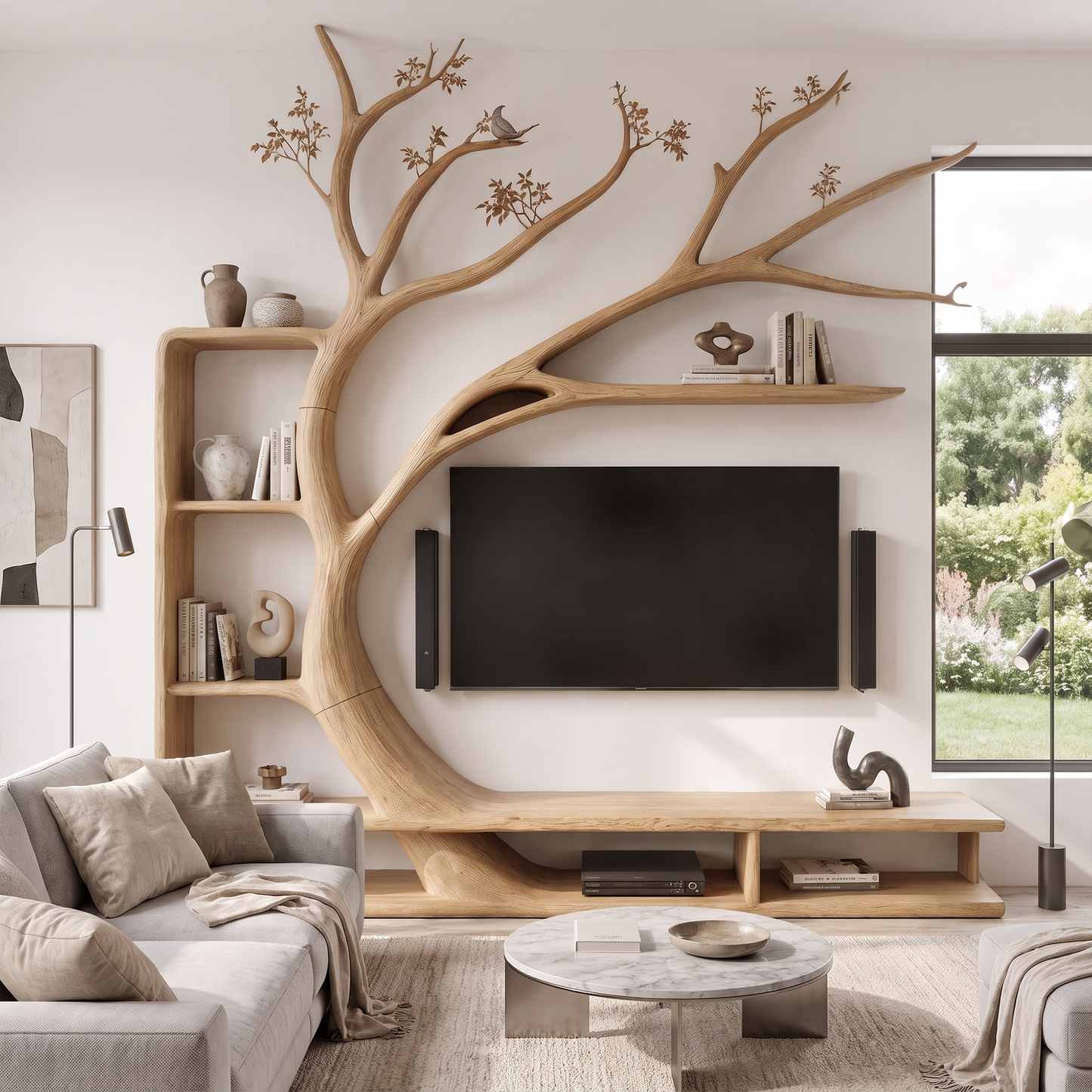Handcrafted TV Cabinet With Artistic Tree Bookcase For Living Room