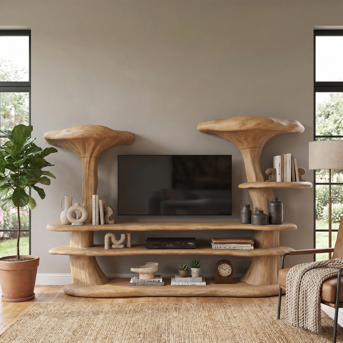 Organic Mushroom TV Stand With Sculptural Solid Wood Design For Living Room
