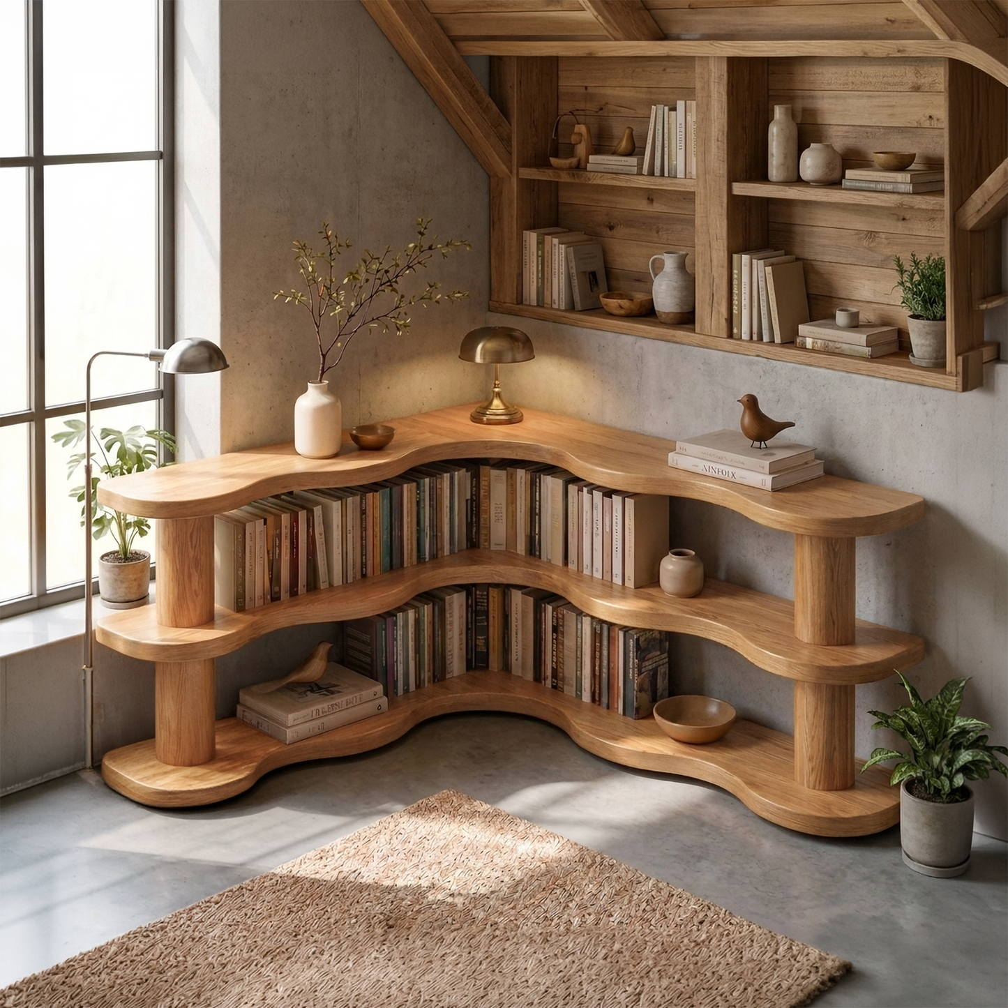 Rustic Modern Corner Bookshelf With Multi Tier Wooden Shelves For Living Room And Bedroom