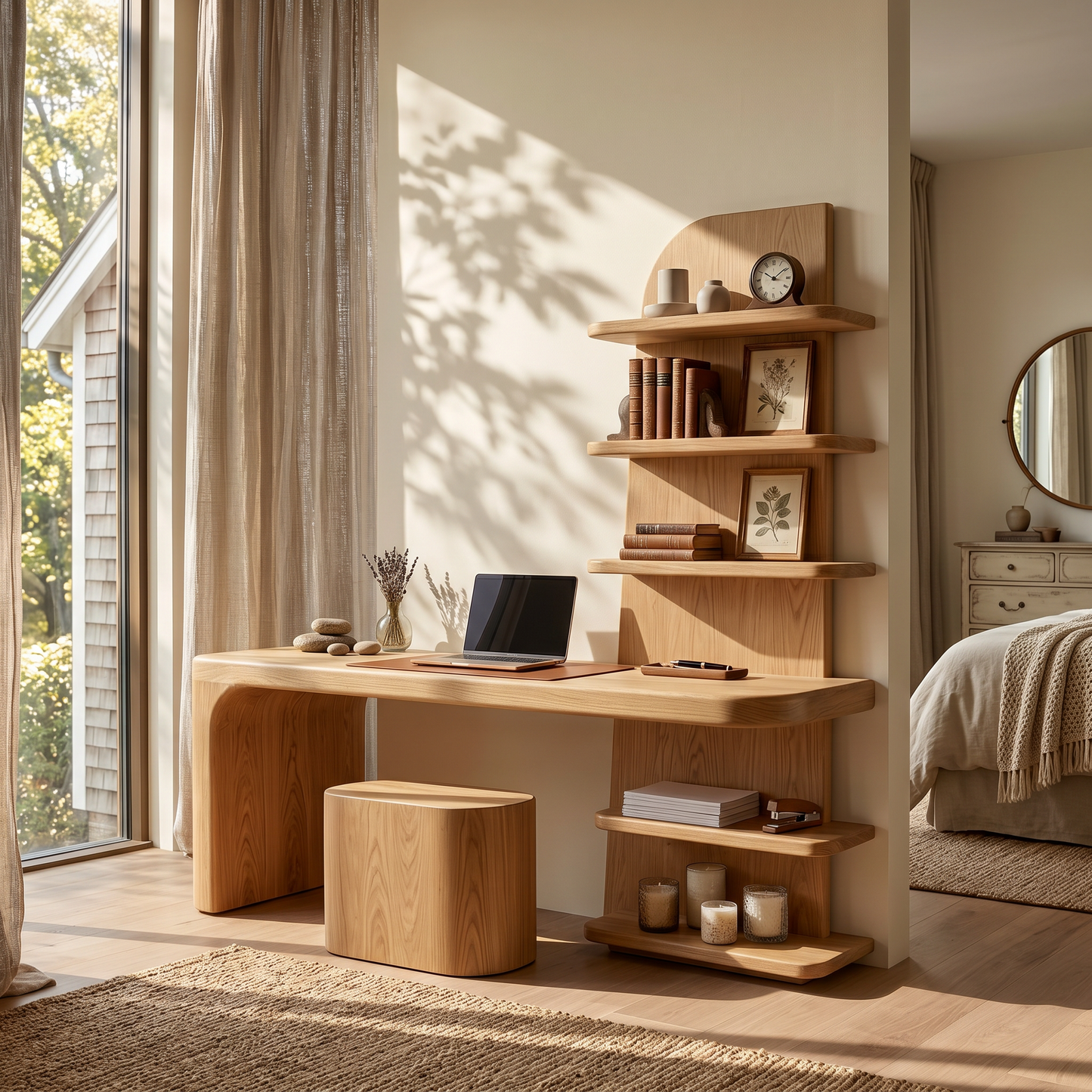 Minimal Desk With Built In Bookcase And Drawers For Study Room
