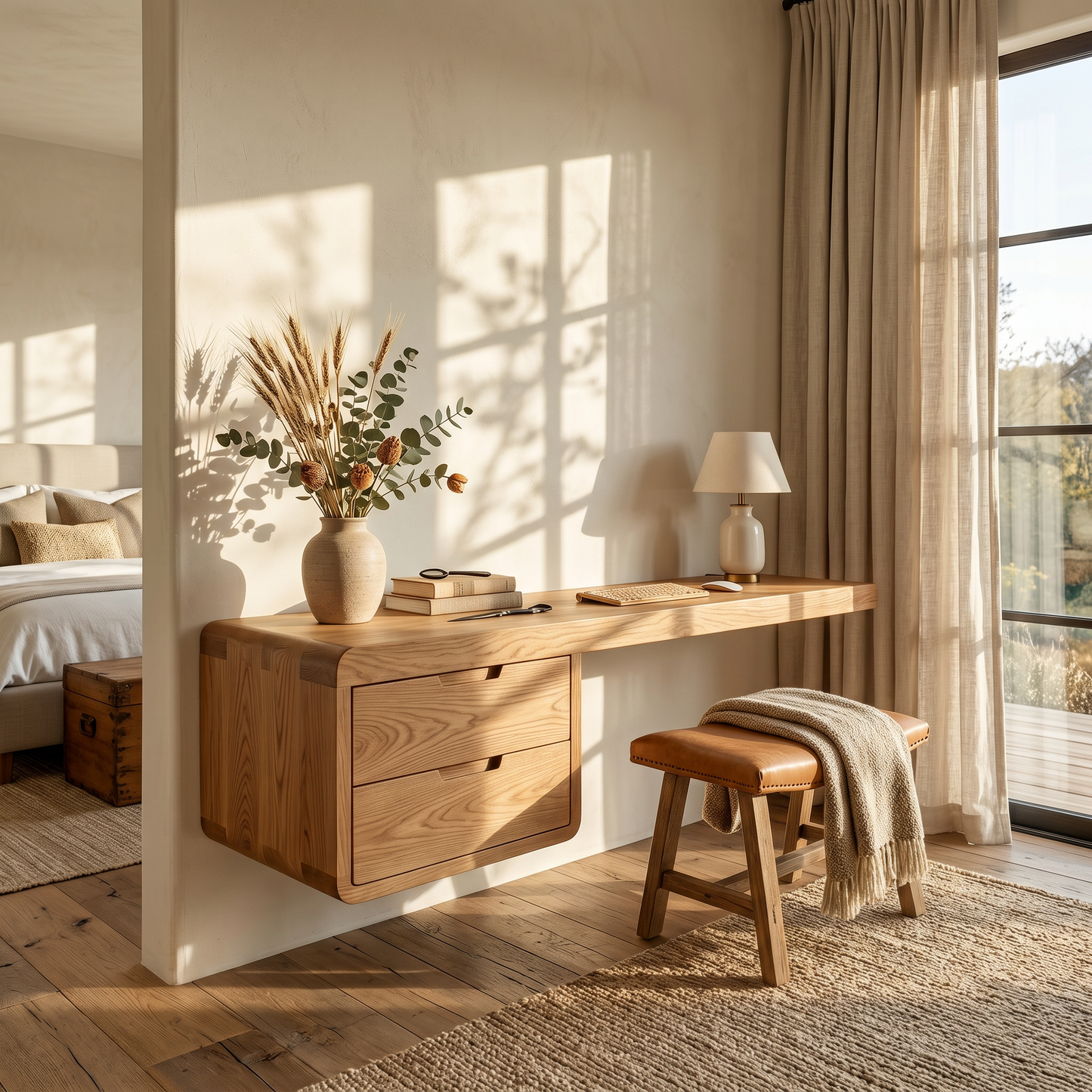 Wall Mounted Desk With Built In Storage Cabinet For Study And Workspace