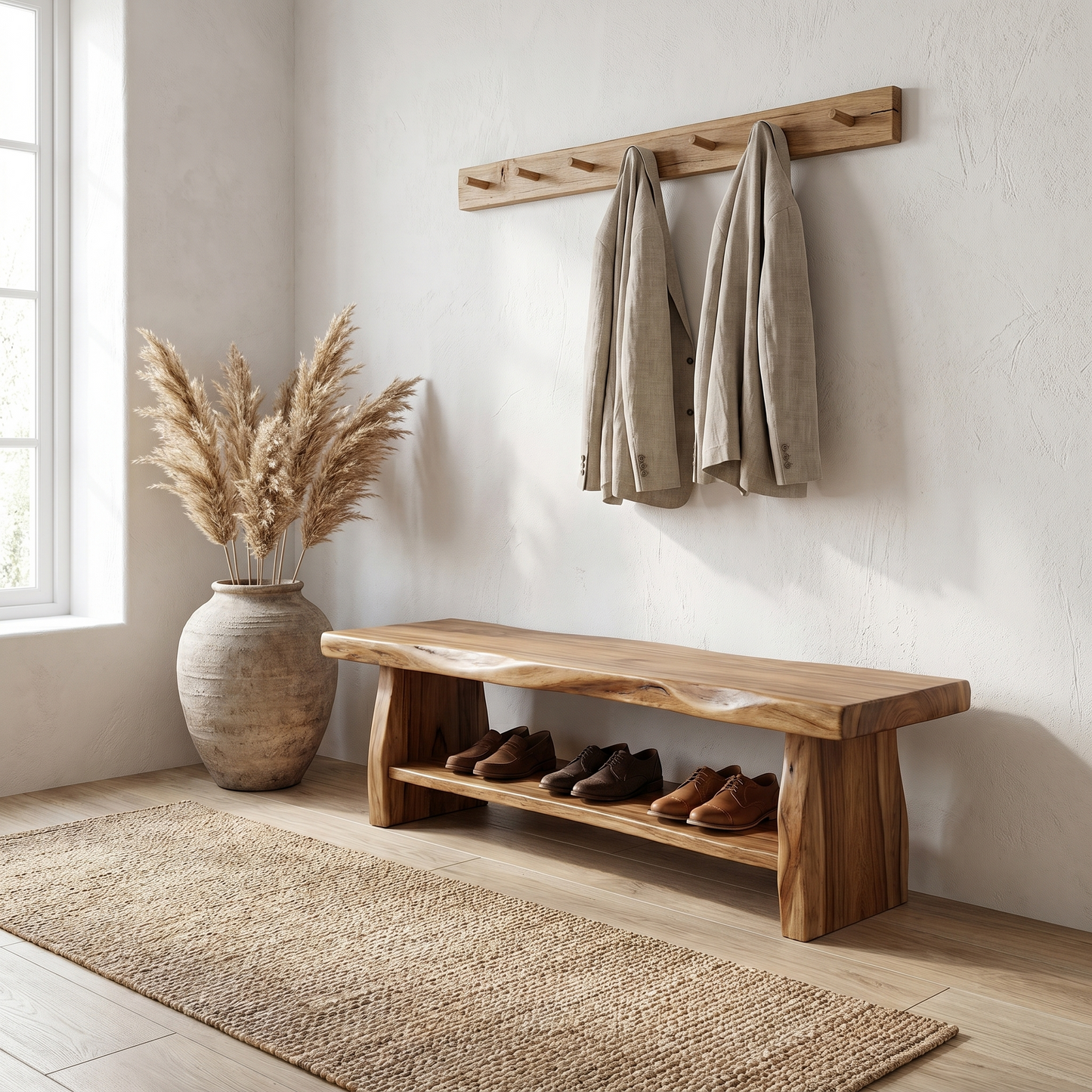 Rustic Shoe Bench Natural Wood Storage For Entryway