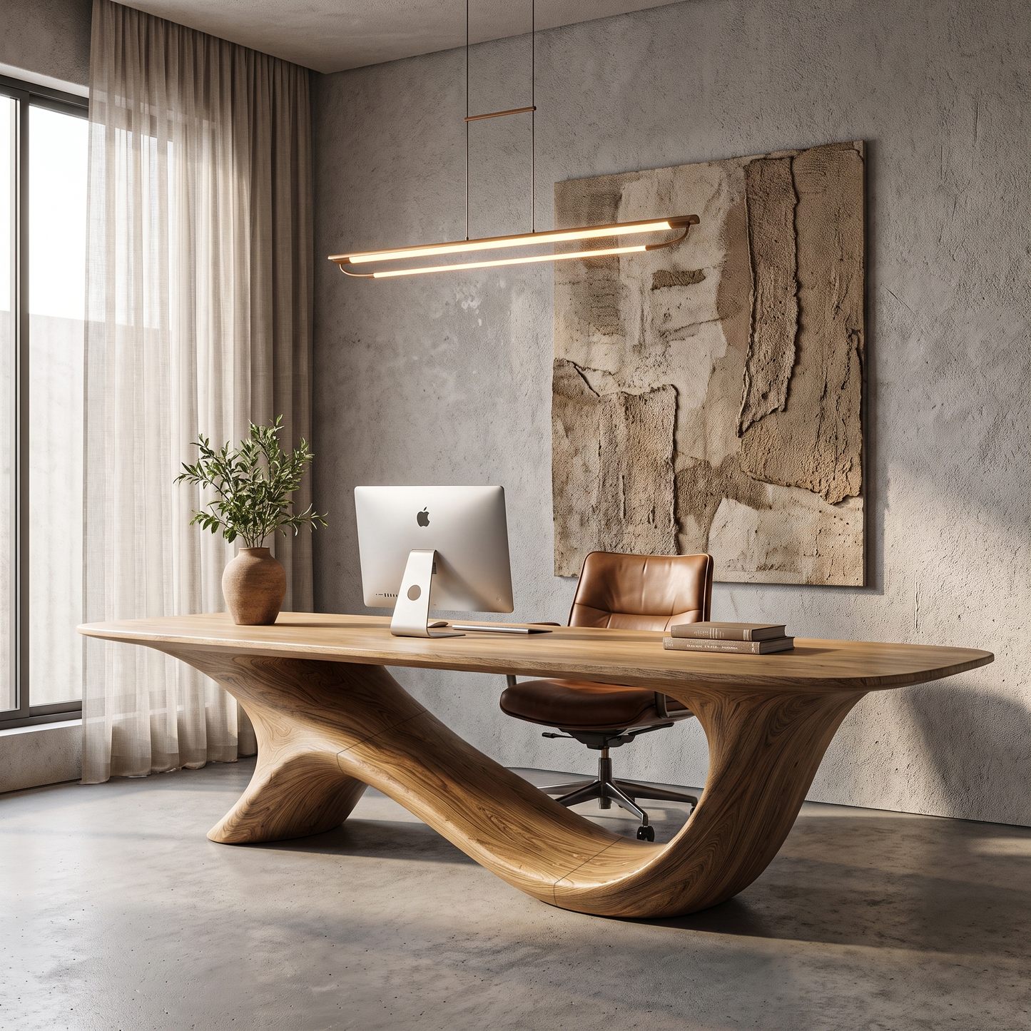 Modern Sculptural Base Desk Solid Wood Desk For Workspace