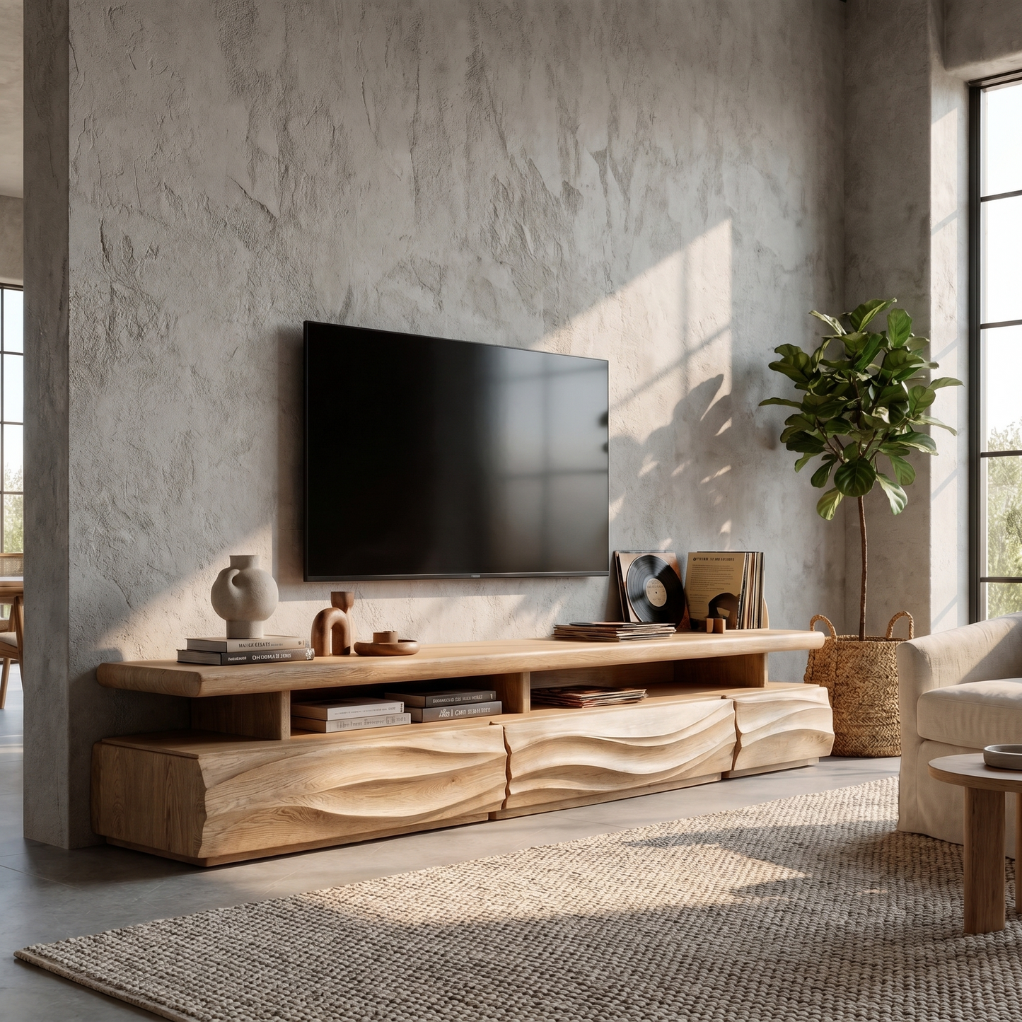 Rustic TV Cabinet With Open Storage Shelf And Wave Front Drawers For Living Room