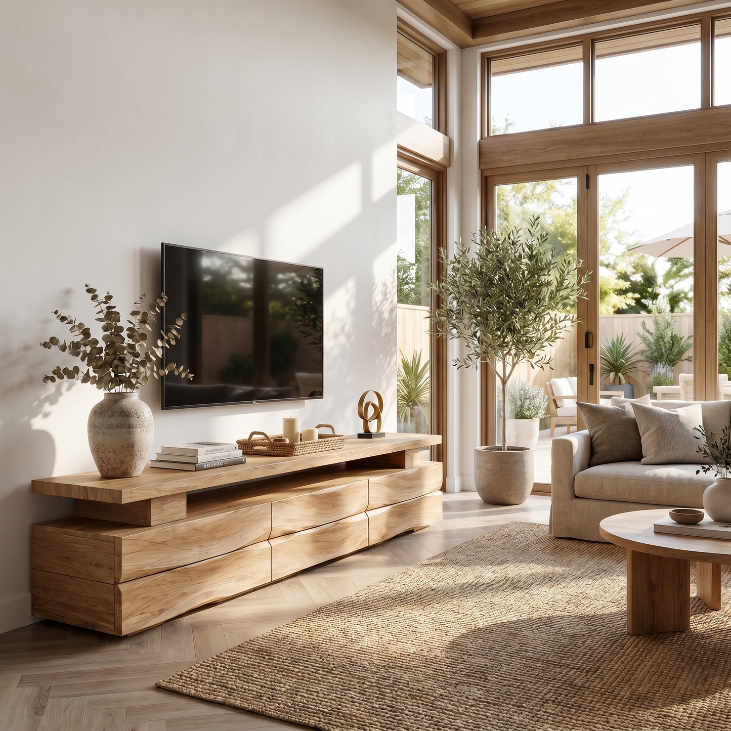 Rustic TV Cabinet With Wave Front Drawers And Open Storage Shelf For Living Room