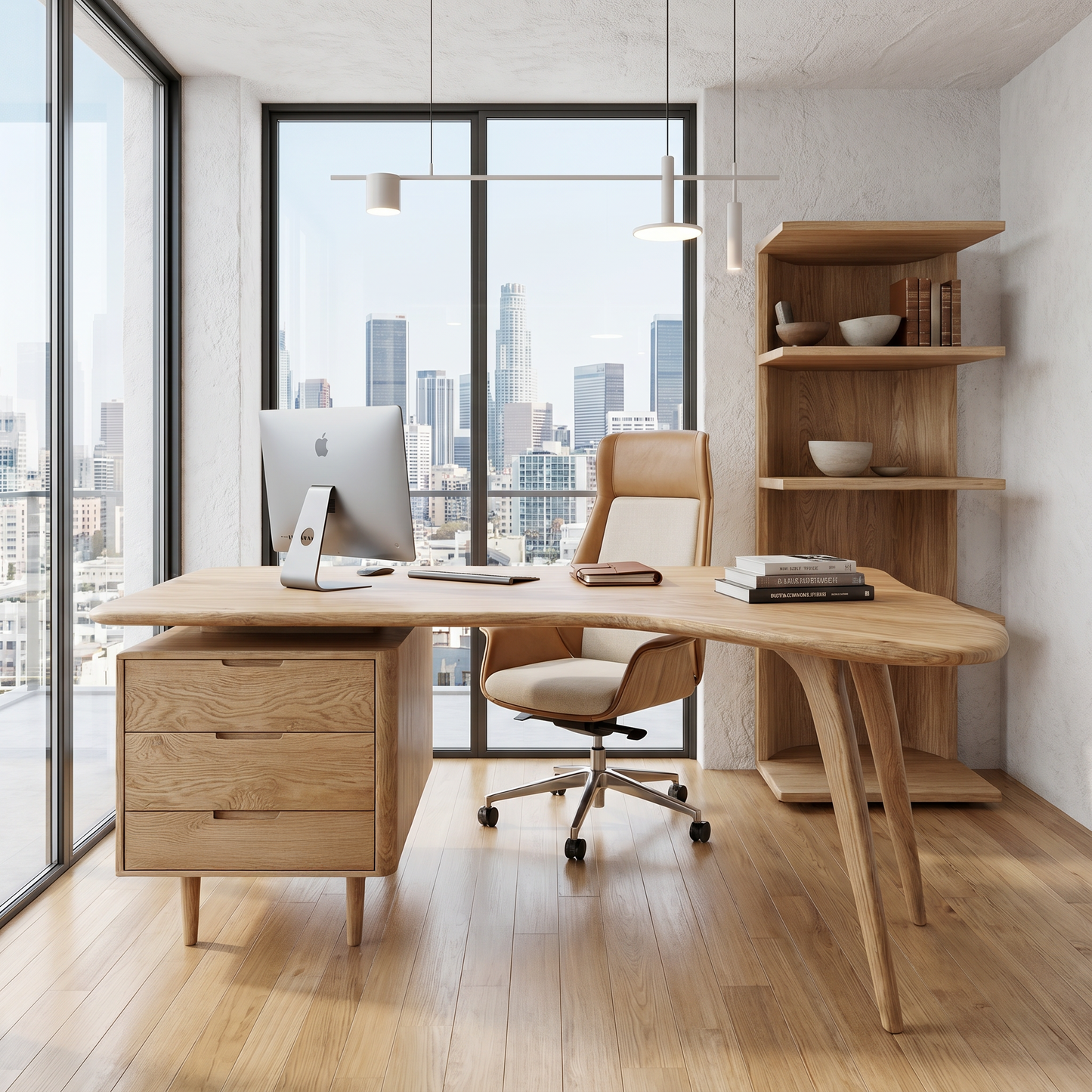 Organic Wooden Desk With Integrated Side Shelves And Built In Drawer Storage For Home Office And Workspace