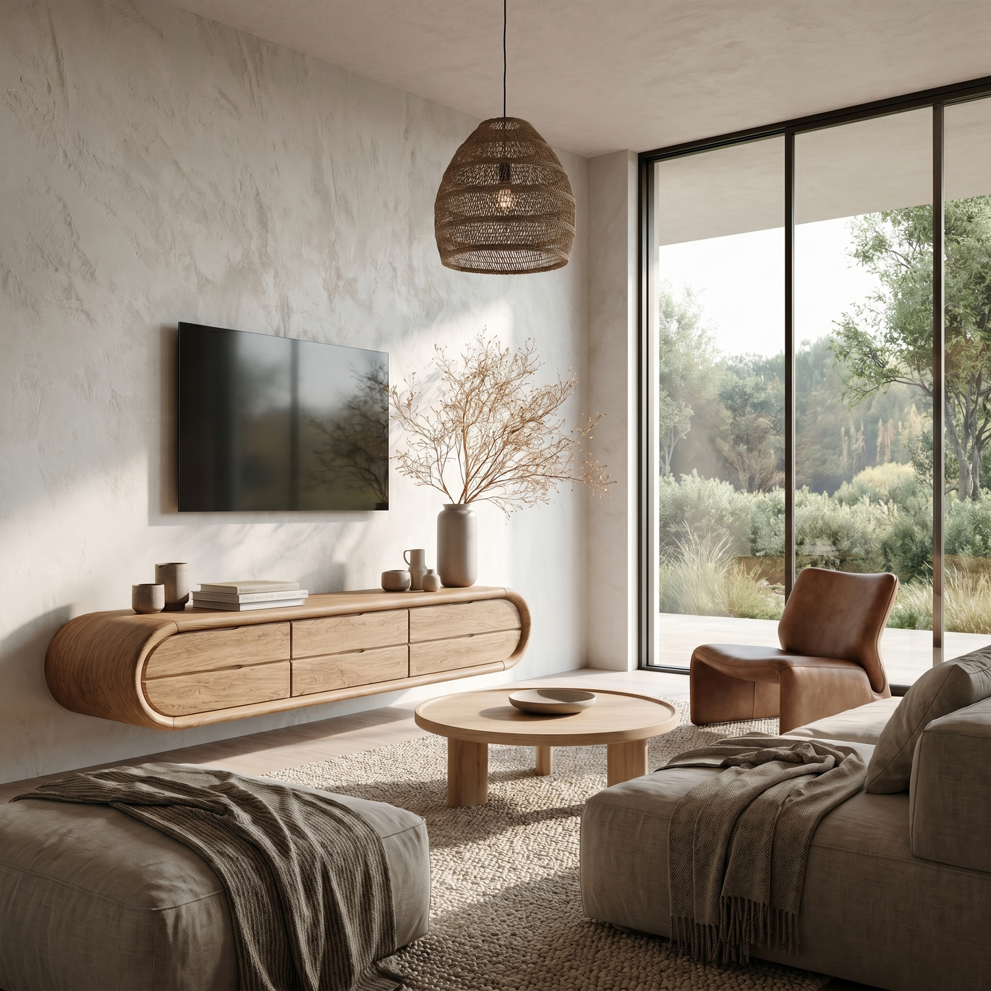 Organic Floating TV Cabinet With Sculptural Curved Wood Frame For Living Room