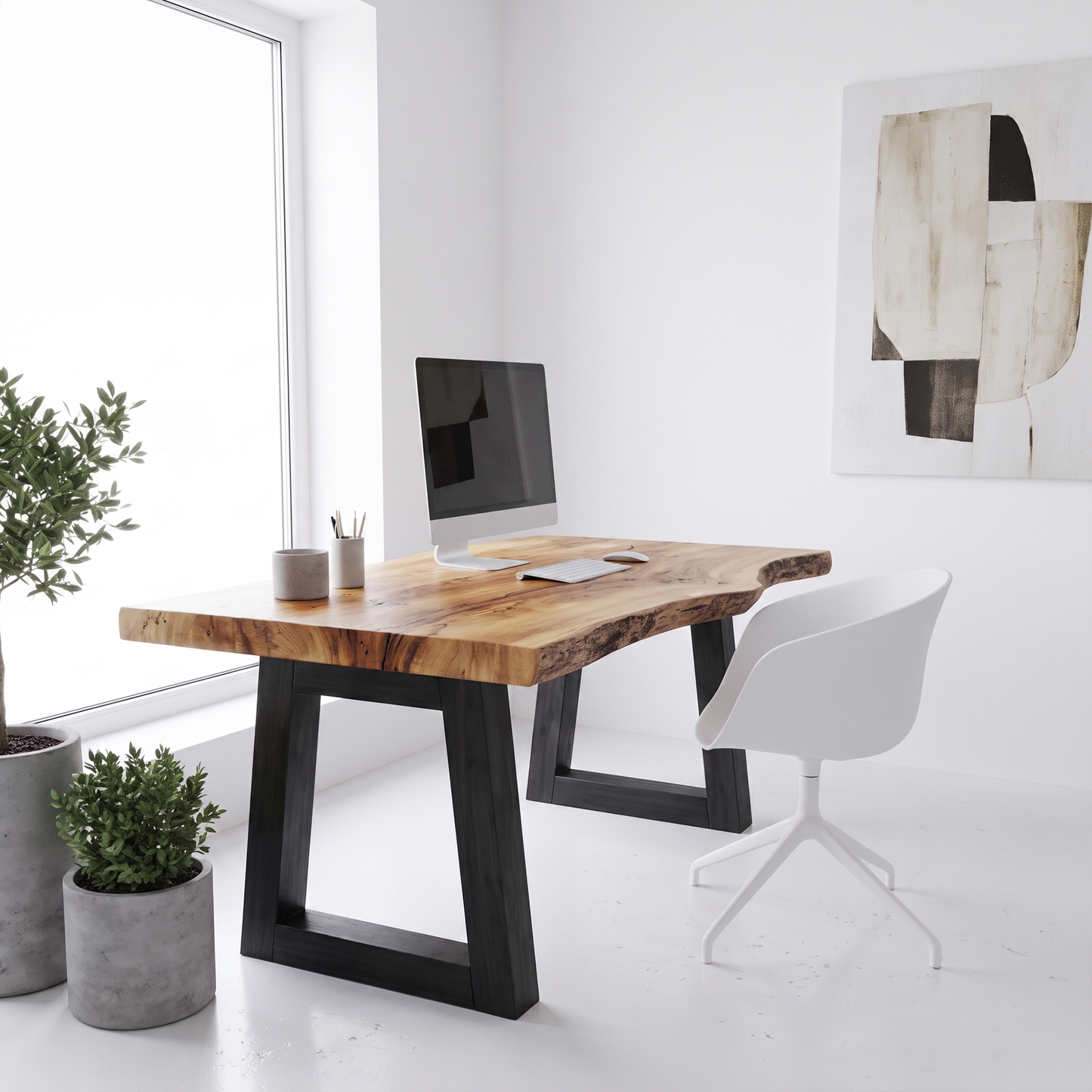 Modern Desk With Live Edge Solid Wood Top And Steel Base For Workspace