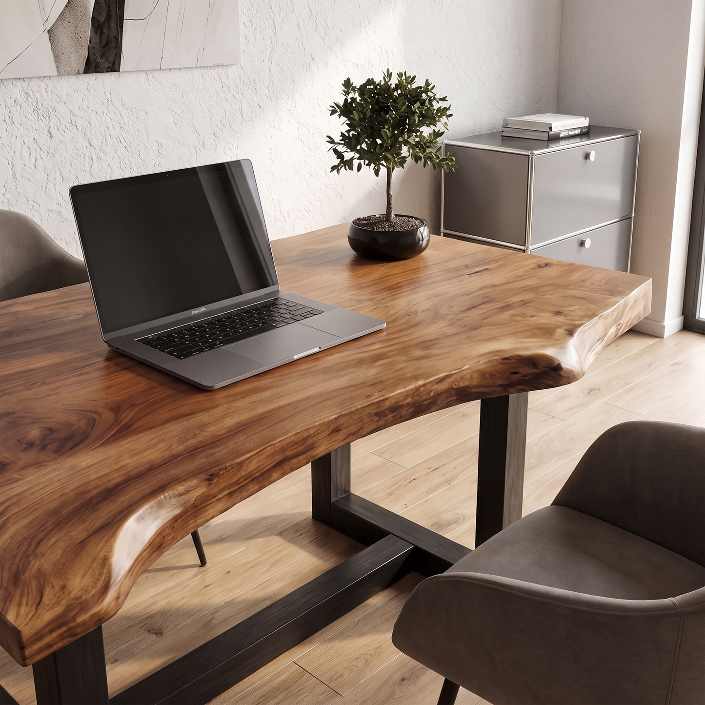 Minimal Desk With Live Edge Wooden Top For Home Office