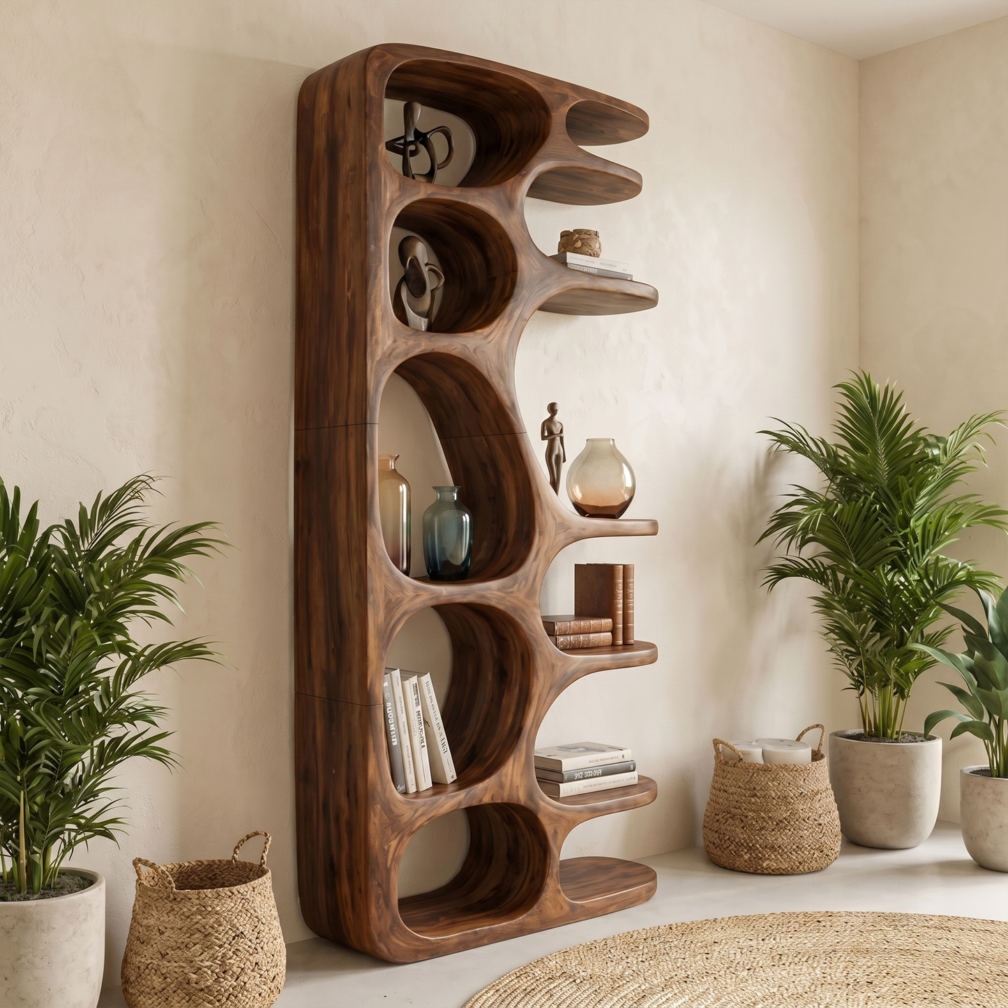 Minimalist Sculptural Bookshelf With Solid Wood Construction For Living Room