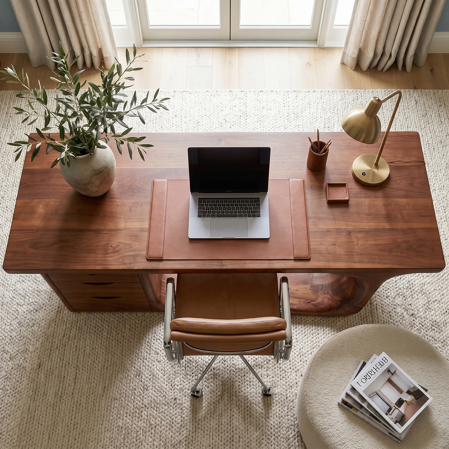 Rustic Executive Desk With Sculptural Solid Wood Base And Integrated Storage For Home Office