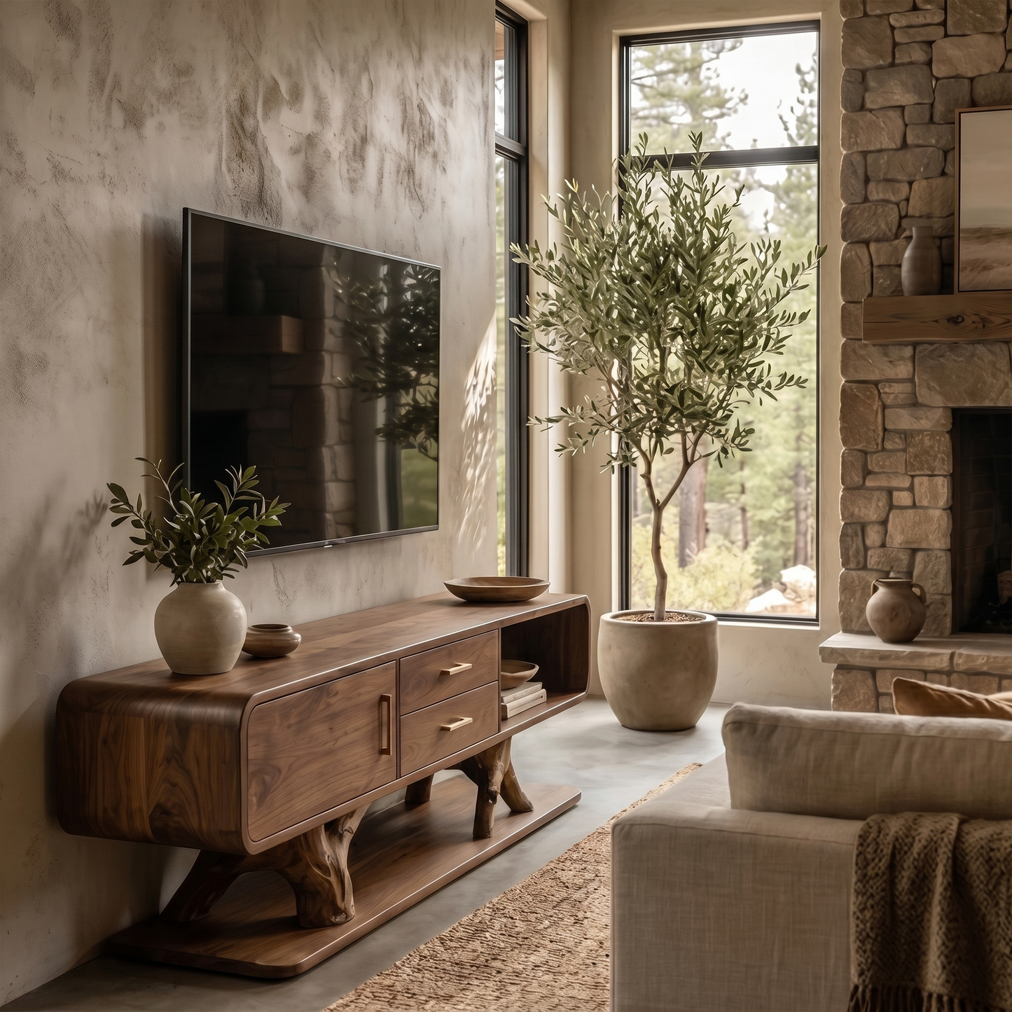 Modern Organic TV Cabinet With Built In Drawer Storage For Living Room