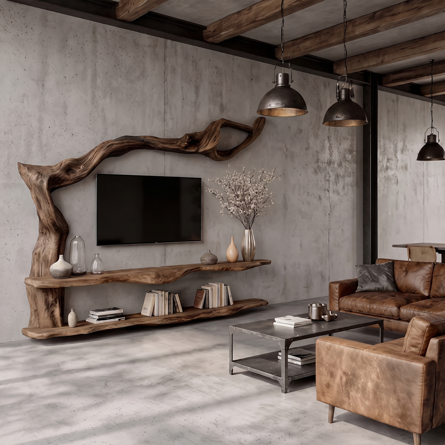 Organic Wall Mounted TV Stand With Sculptural Wood Design For Living Room