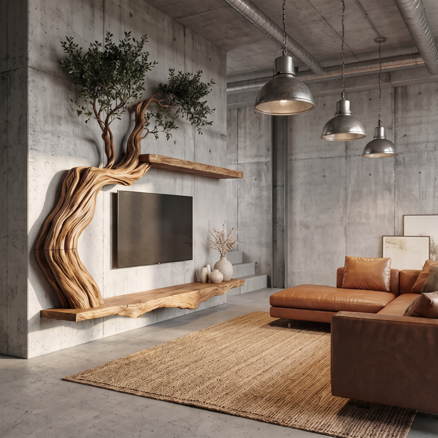 Organic Wall Mounted TV Stand With Sculptural Wood Design For Living Room