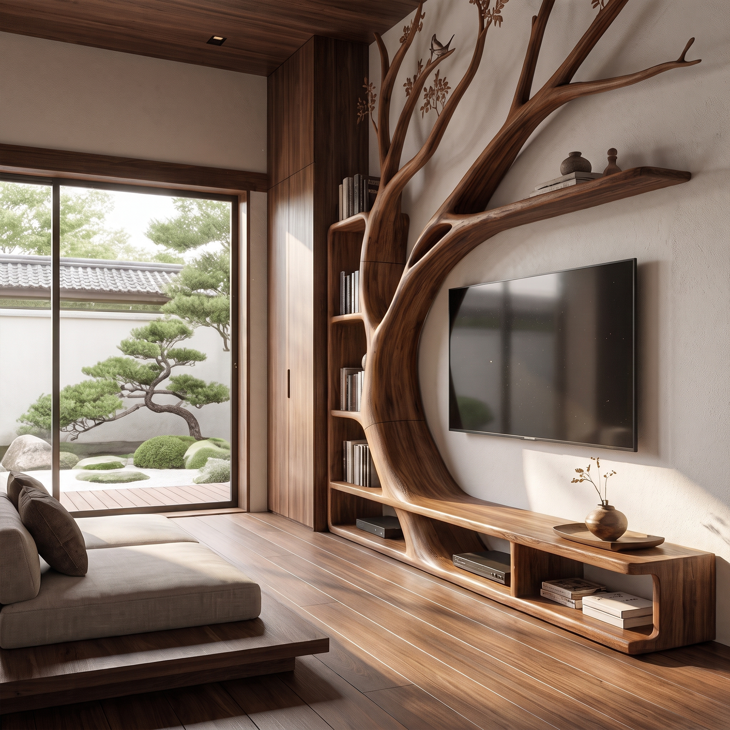 Handcrafted TV Cabinet With Artistic Tree Bookcase For Living Room