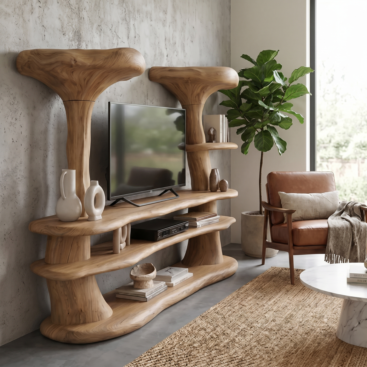 Organic Mushroom TV Stand With Sculptural Solid Wood Design For Living Room