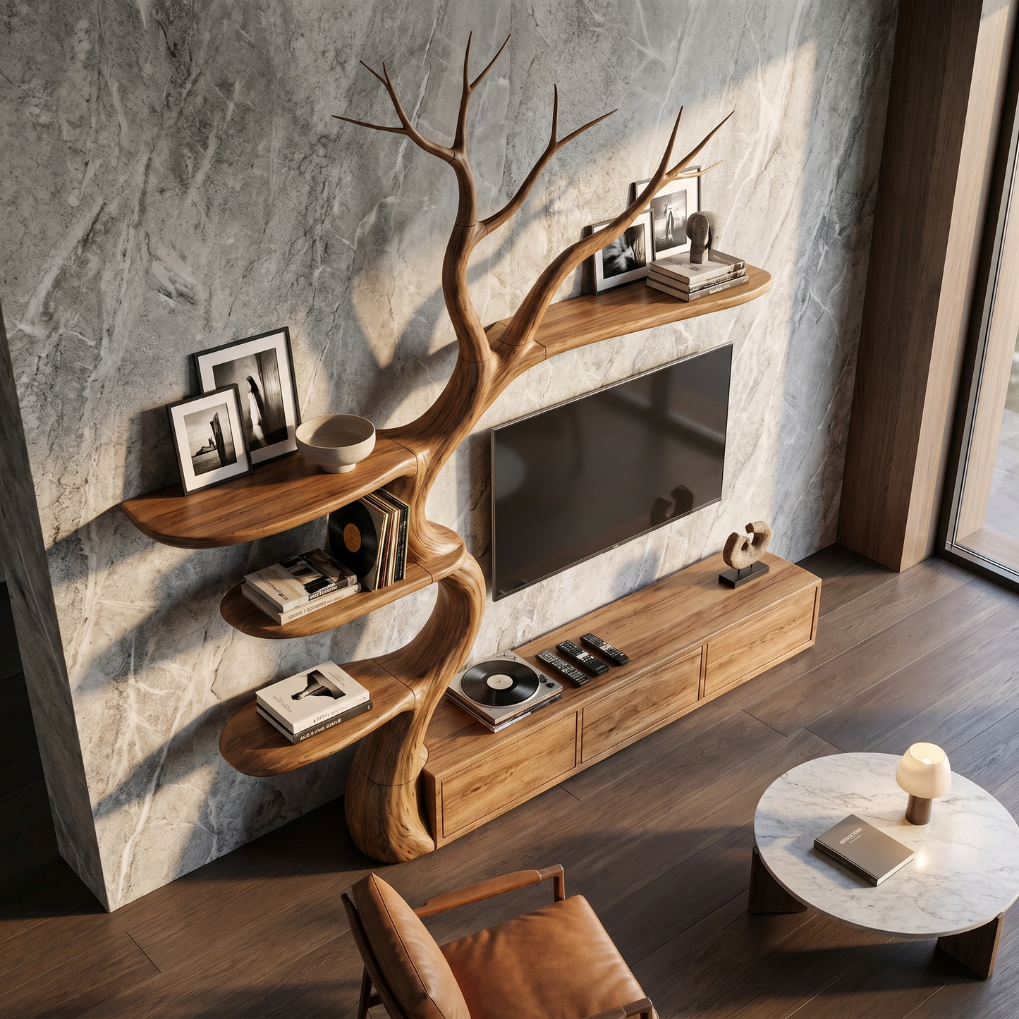 Rustic Tree Branch TV Cabinet With Integrated Display Shelves For Living Room