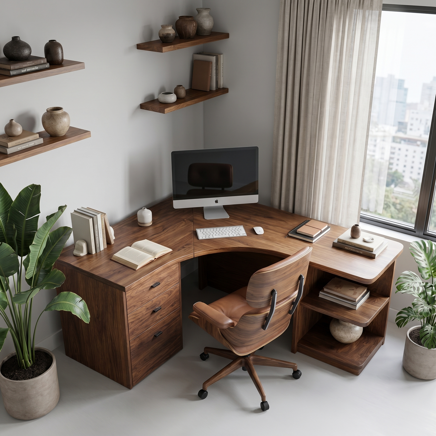 Modern Corner Desk With Built In Drawer Storage And Open Shelves For Home Office And Workspace