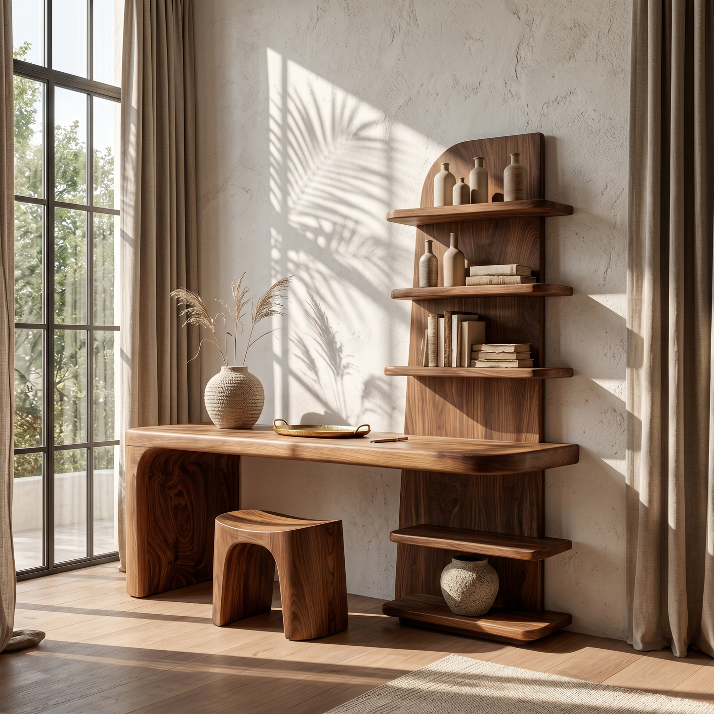 Minimal Desk With Built In Bookcase And Drawers For Study Room